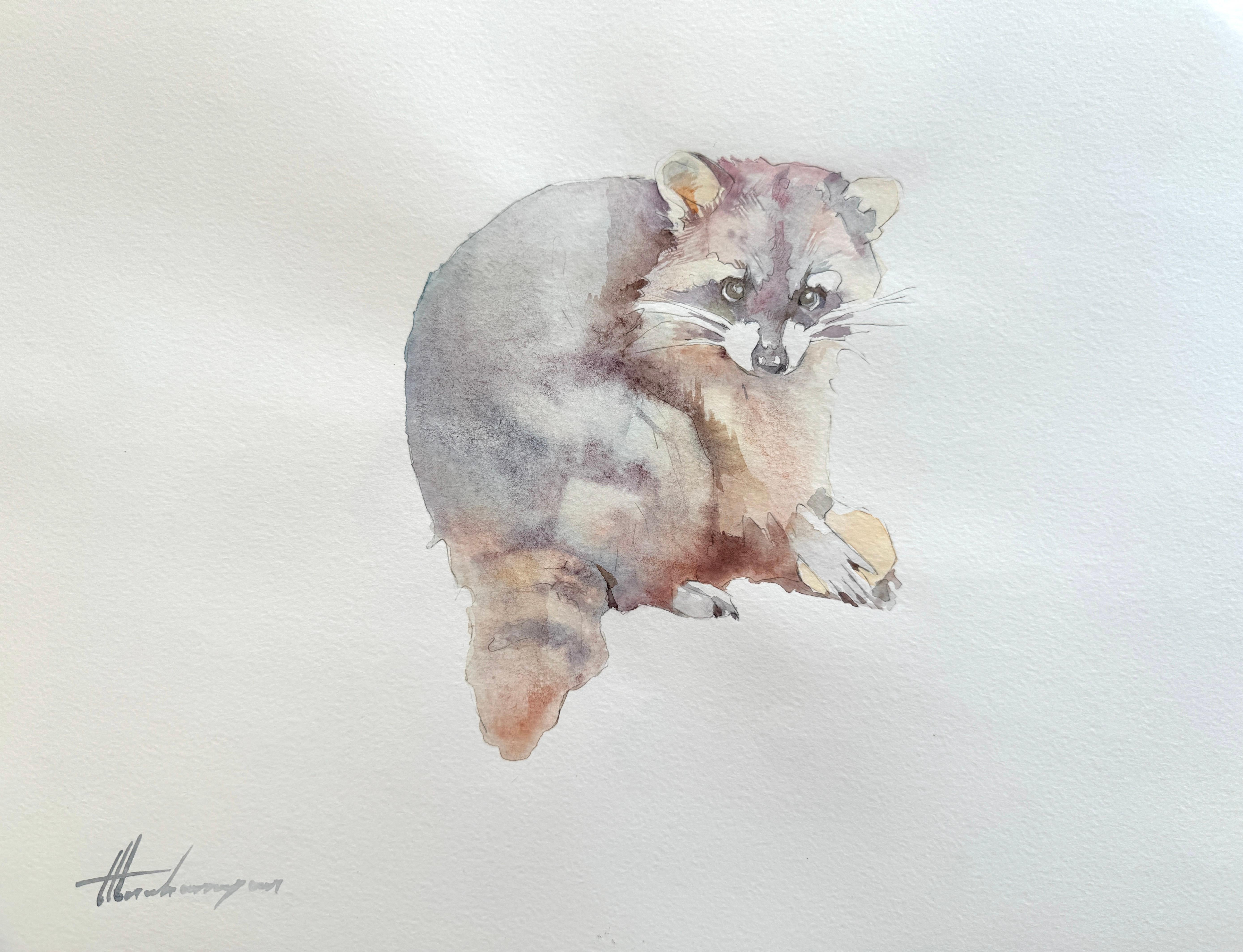 Raccoon, Tier, Aquarell auf Papier, handgefertigtes Gemälde, Unikat