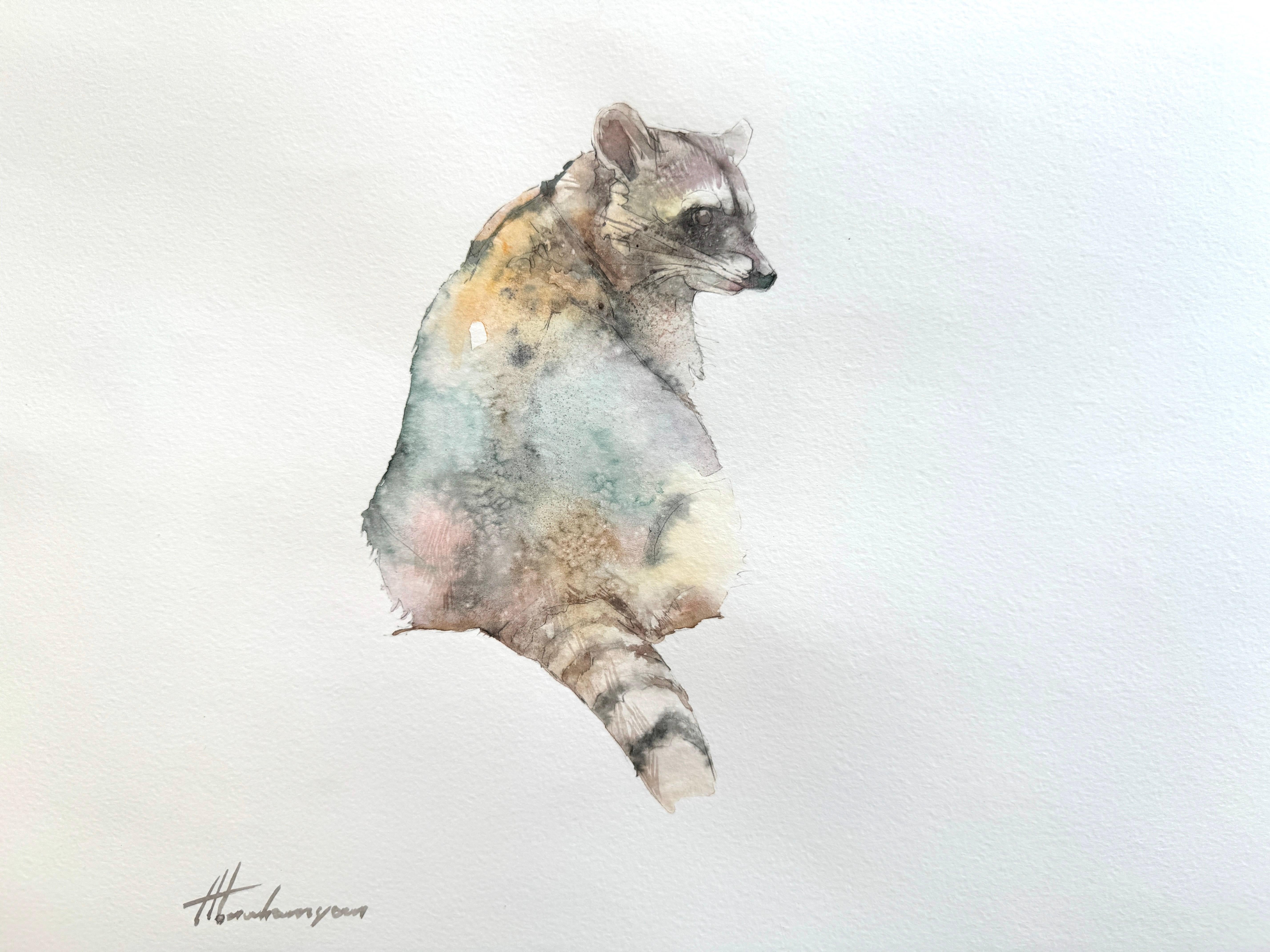 Raccoon, Tier, Aquarell auf Papier, handgefertigtes Gemälde, Unikat