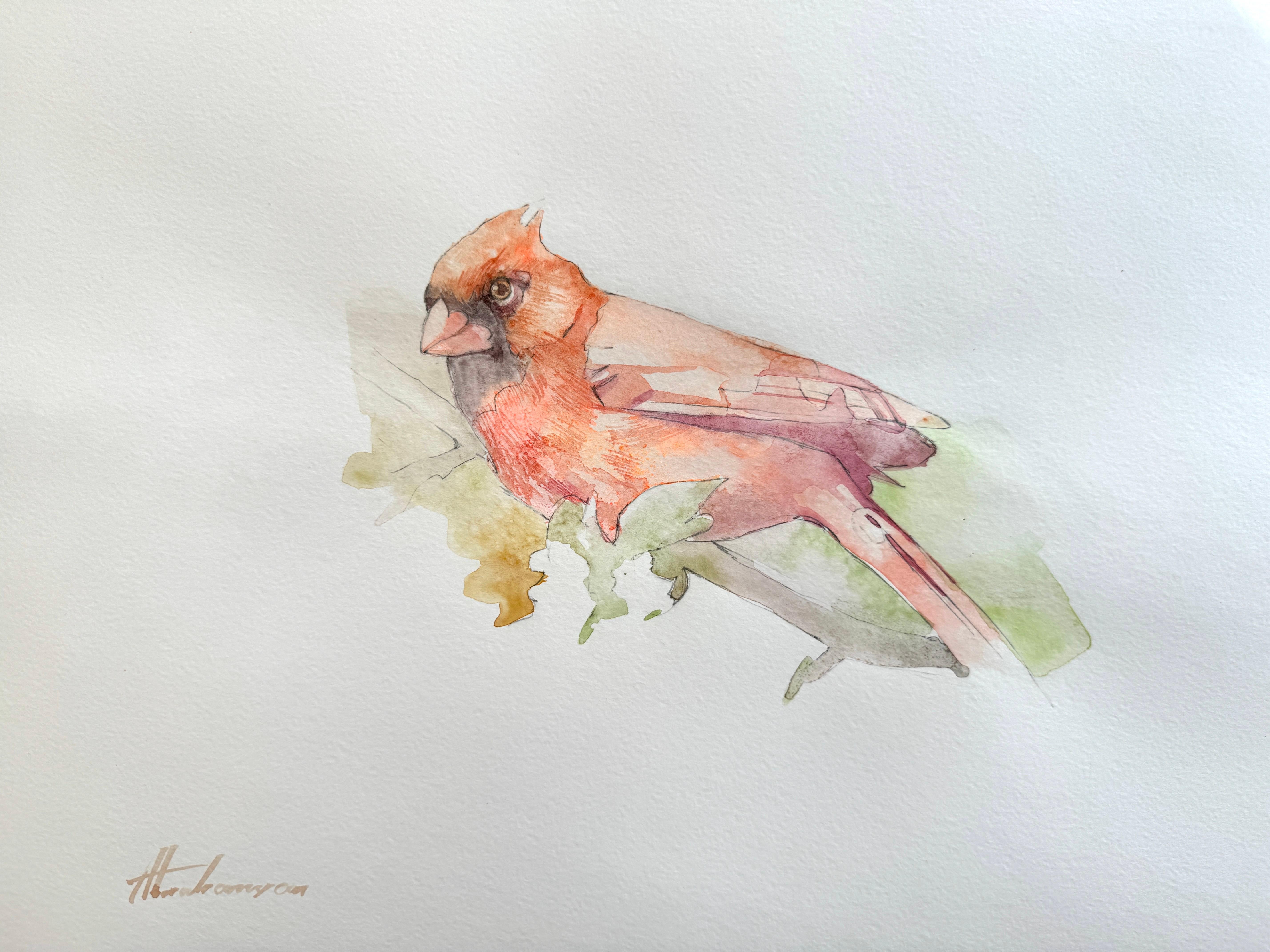 Artyom Abrahamyan Animal Art - Cardinal, Bird, Watercolor on Paper, Handmade Painting, One of a Kind