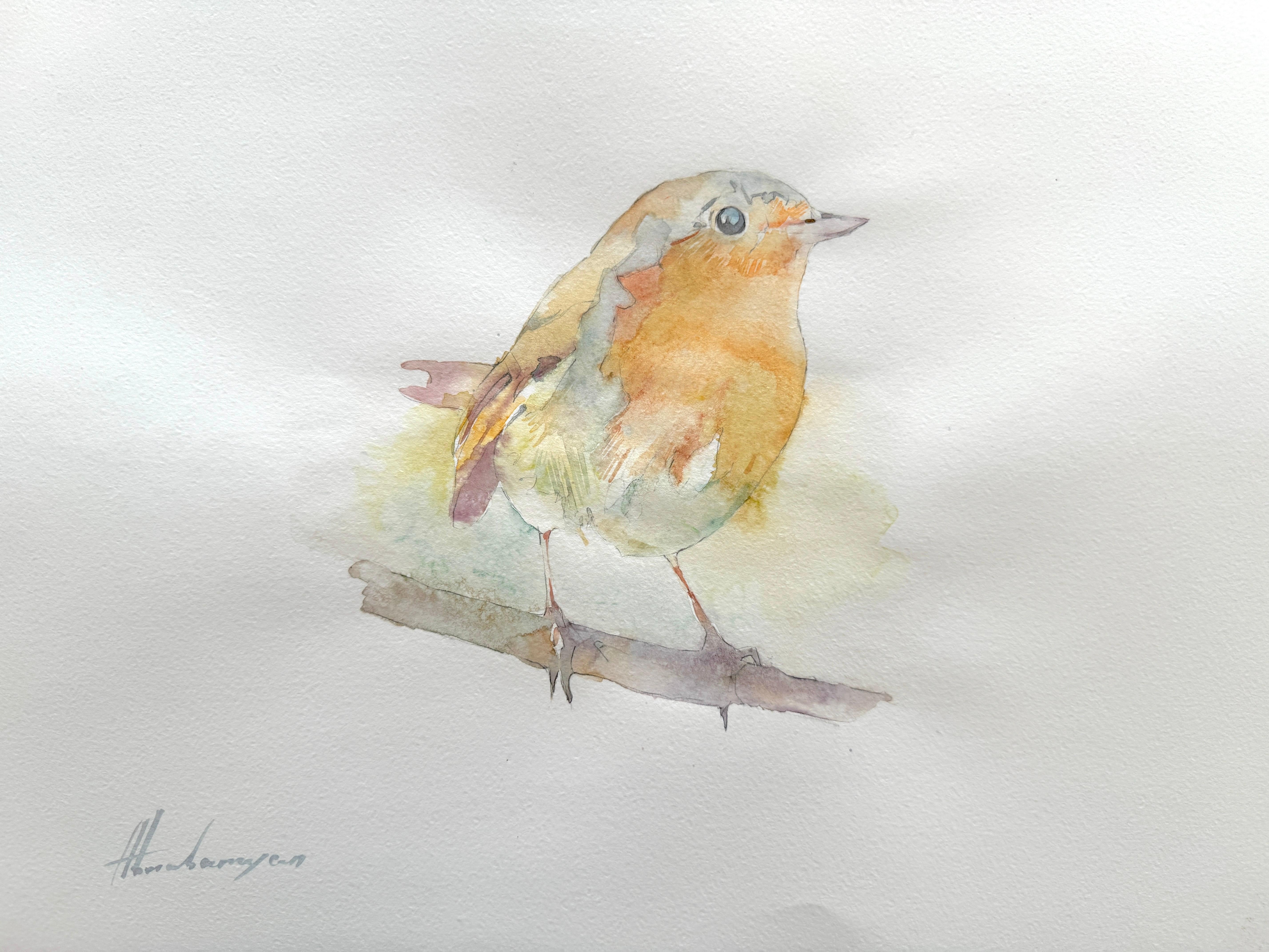 Animal Art di Artyom Abrahamyan - Robin Acquerello su carta dipinto a mano, unico nel suo genere