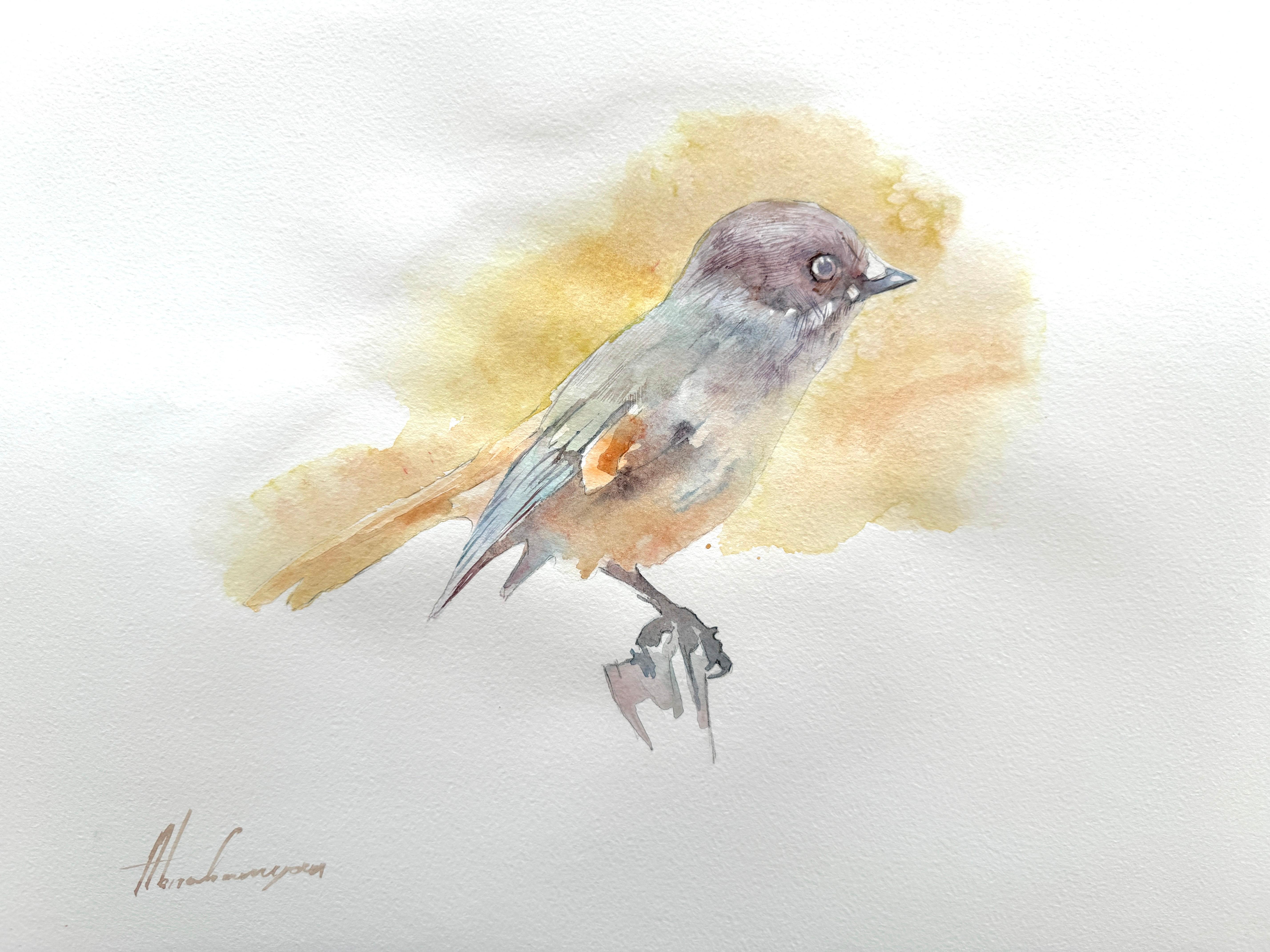 Artyom Abrahamyan Animal Art - Siberian Jay Bird Watercolor on Paper Handmade Painting, One of a Kind