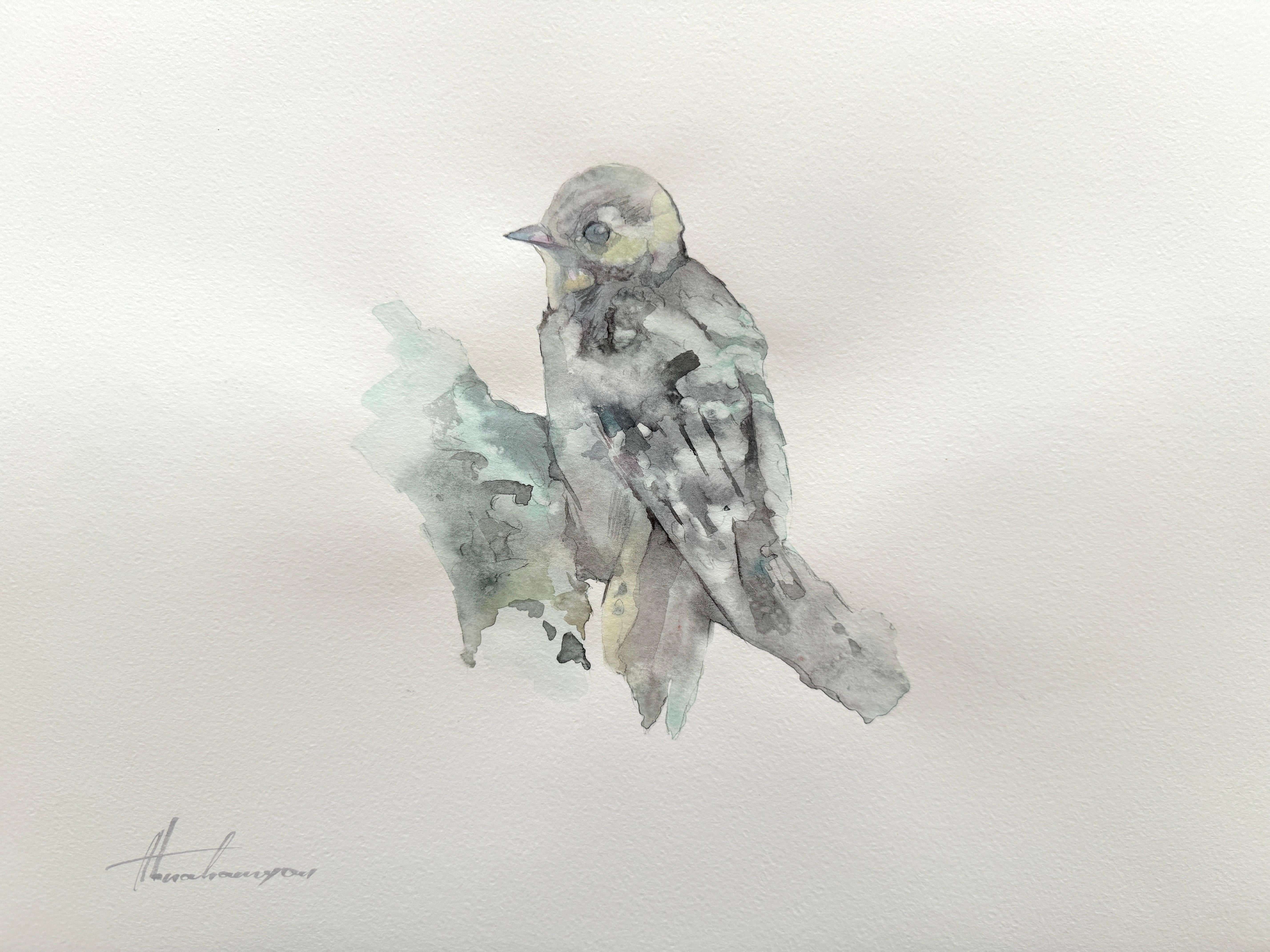 Animal Art Artyom Abrahamyan - Aquarelle sur papier d'un oiseau gris, une peinture faite à la main, unique en son genre