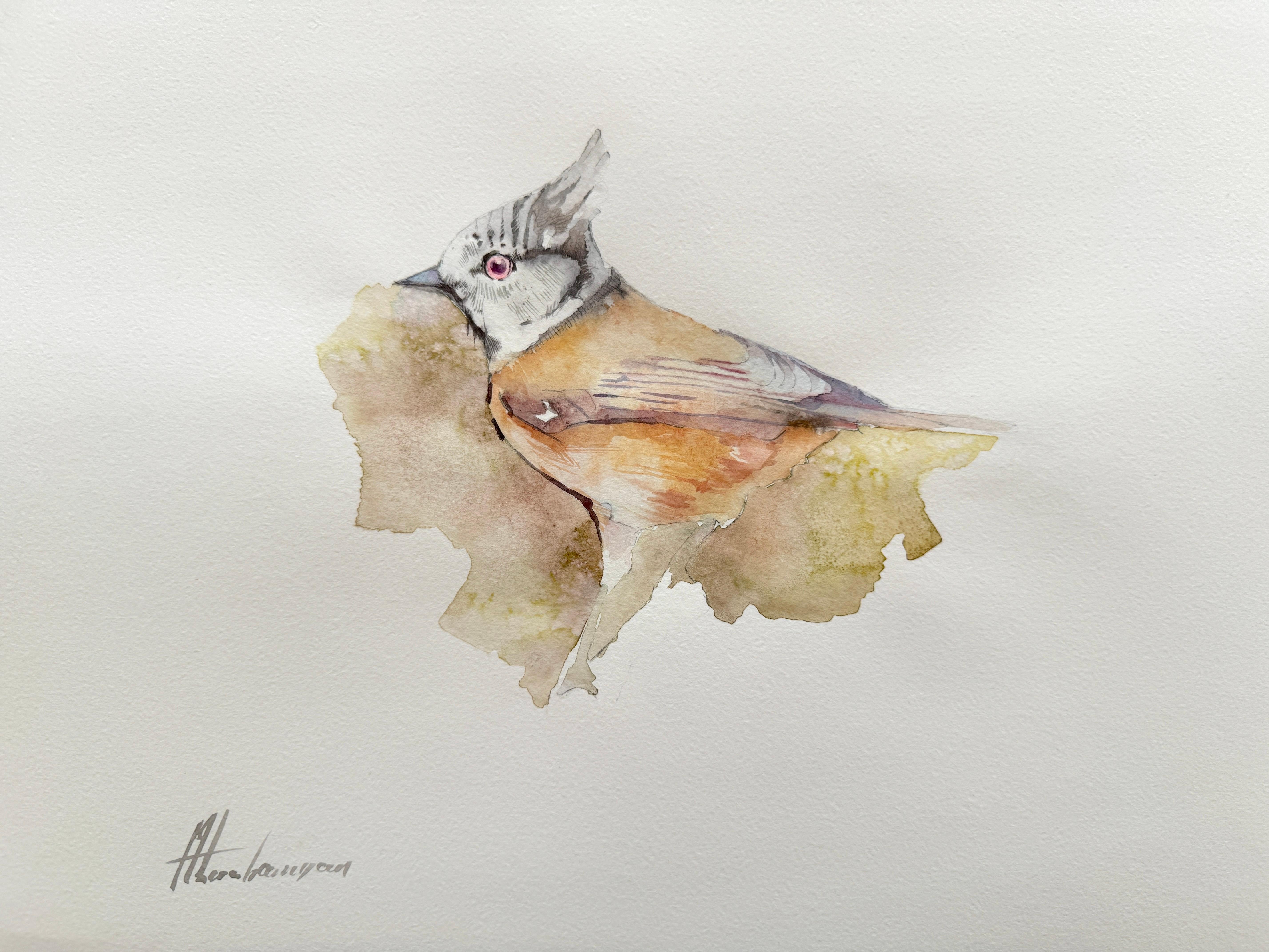 Aquarelle sur papier d'un oiseau de Titmouse cousue à la main, unique en son genre