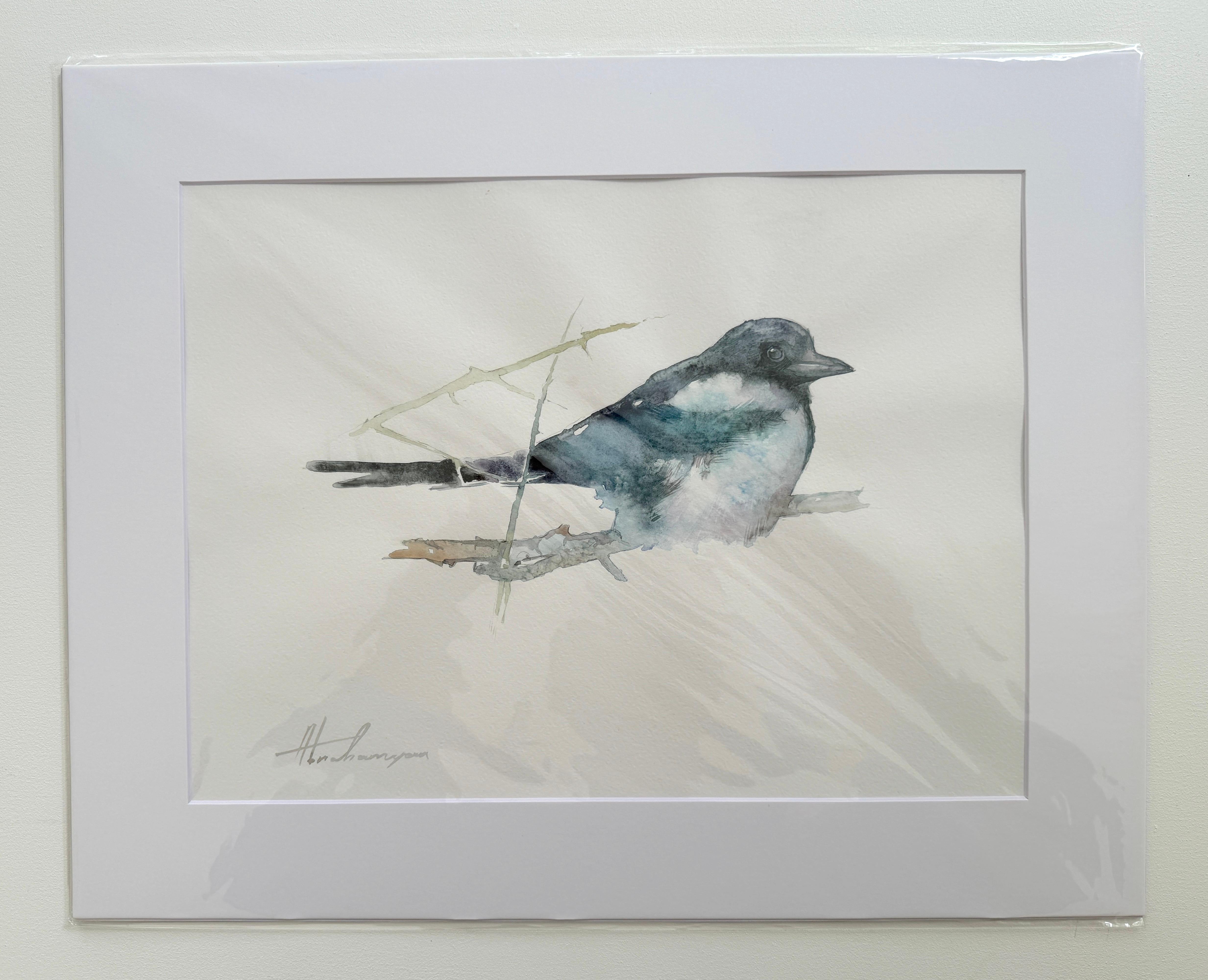 Animal Art de Artyom Abrahamyan - Pájaro Urraca Acuarela sobre Papel Pintura hecha a mano, Única en su especie