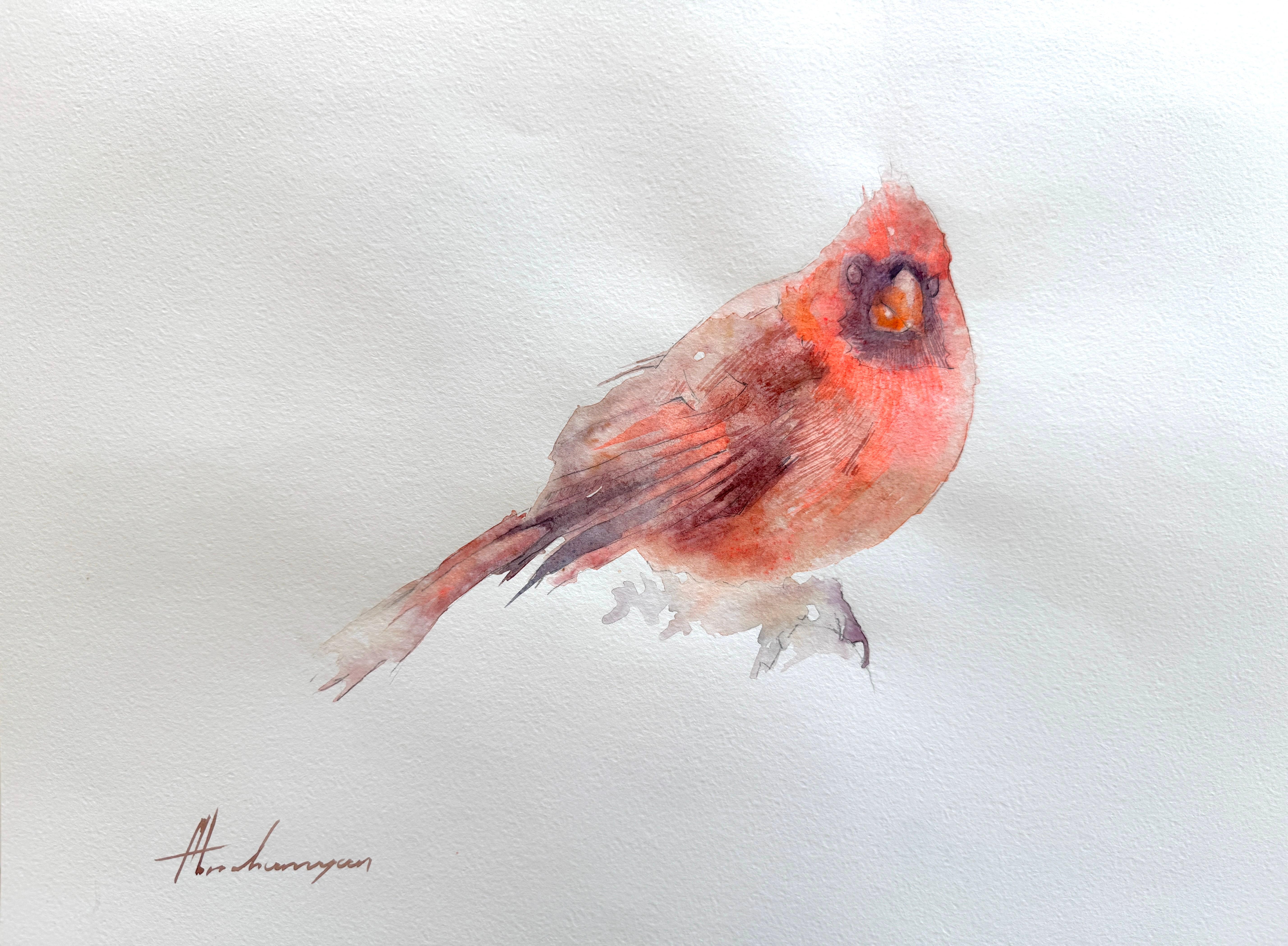 Artyom Abrahamyan Animal Art - Cardinal Bird Watercolor on Paper Handmade Painting, One of a Kind
