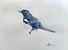 Aquarelle sur papier d'un oiseau Magpie, unique en son genre