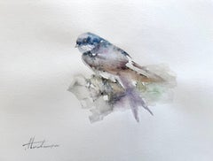 Aquarelle sur papier d'un oiseau hirsute, faite à la main, unique en son genre