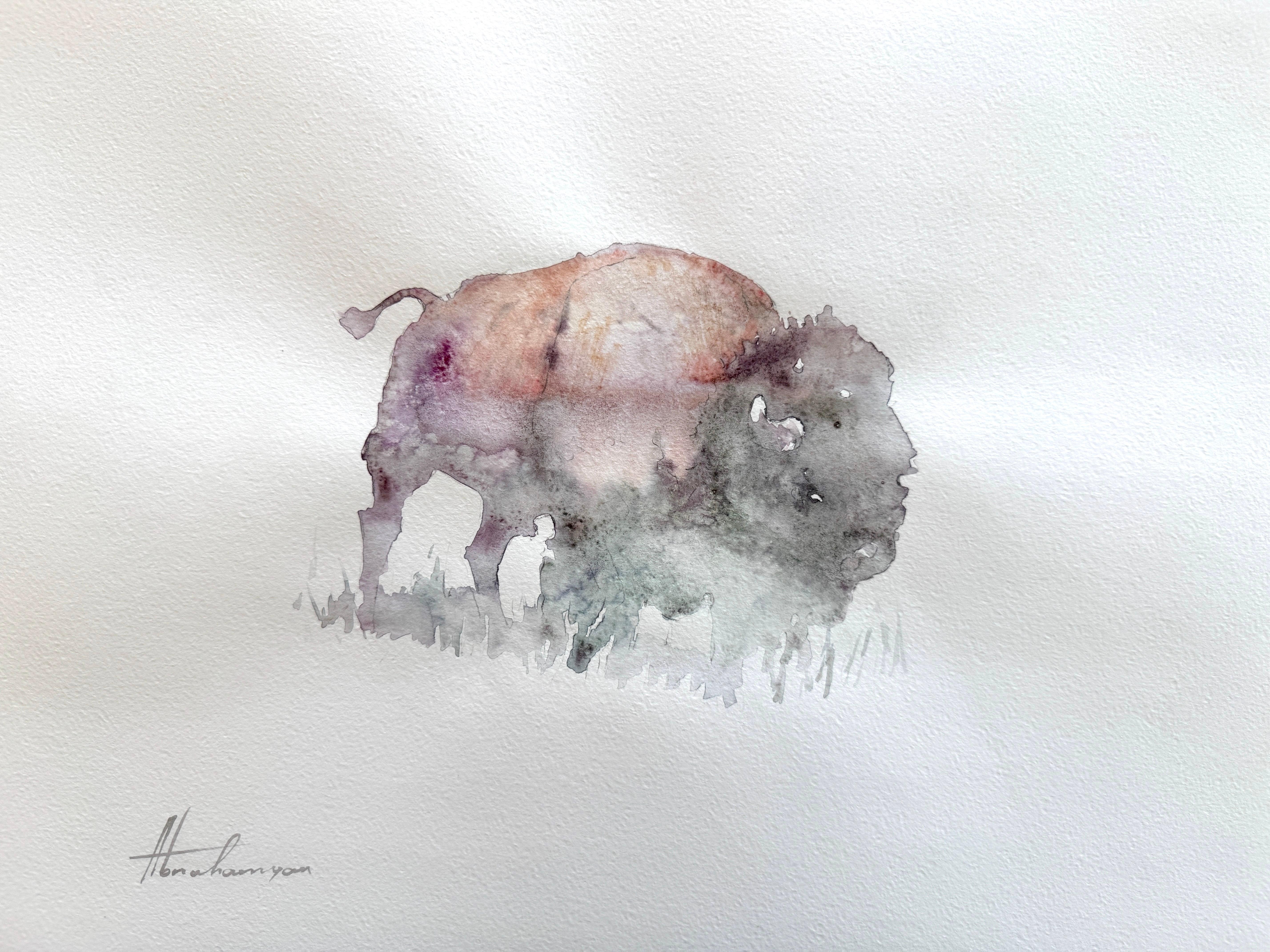 Aquarelle sur papier d'un animal bison faite à la main, unique en son genre