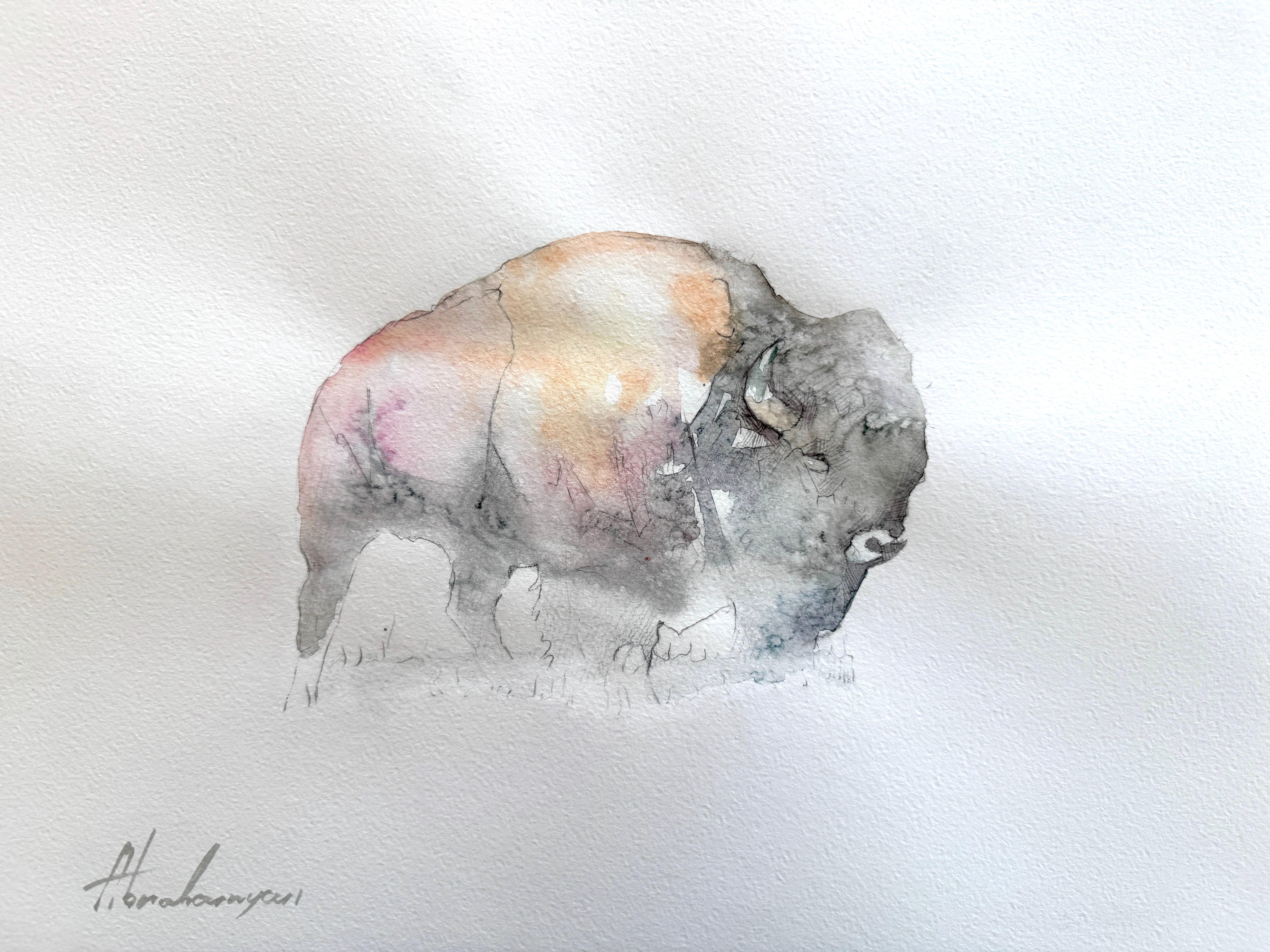 Aquarelle sur papier d'un animal bison faite à la main, unique en son genre