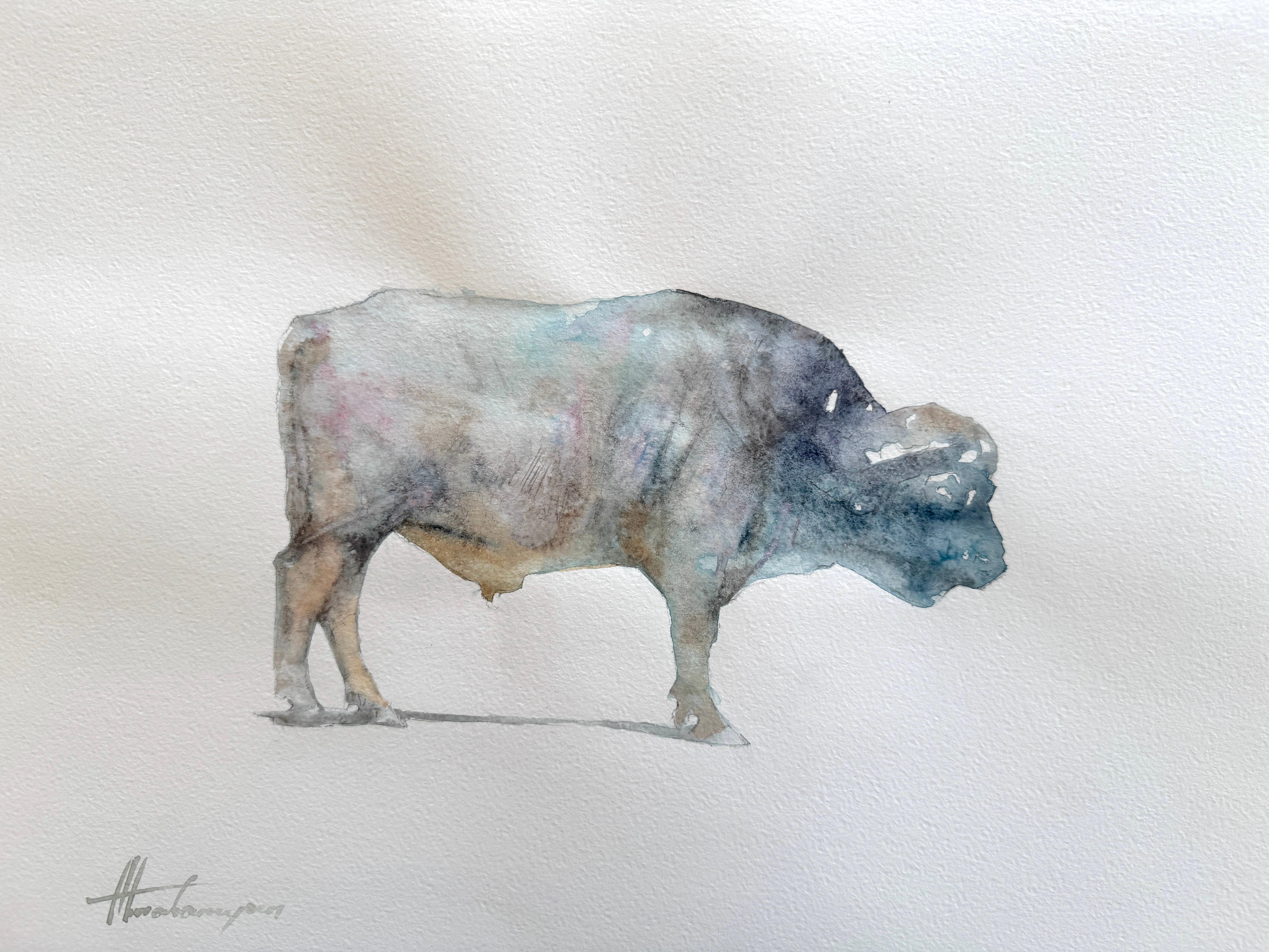 Animal Art de Artyom Abrahamyan - Búfalo Animal Acuarela sobre Papel Pintura hecha a mano, Única en su especie