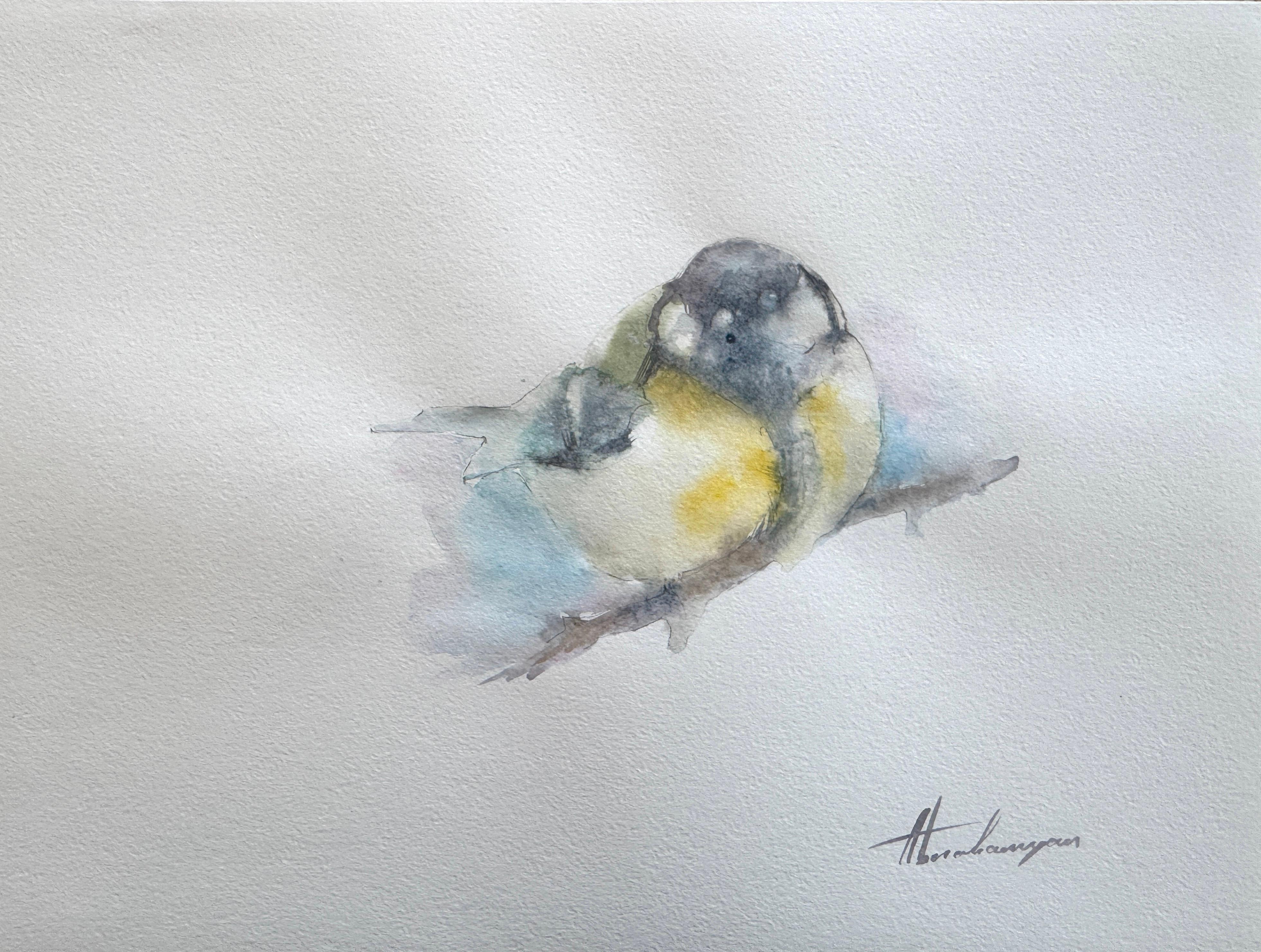 Artyom Abrahamyan Animal Art - Great Tit Watercolor on Paper Handmade Painting, One of a Kind