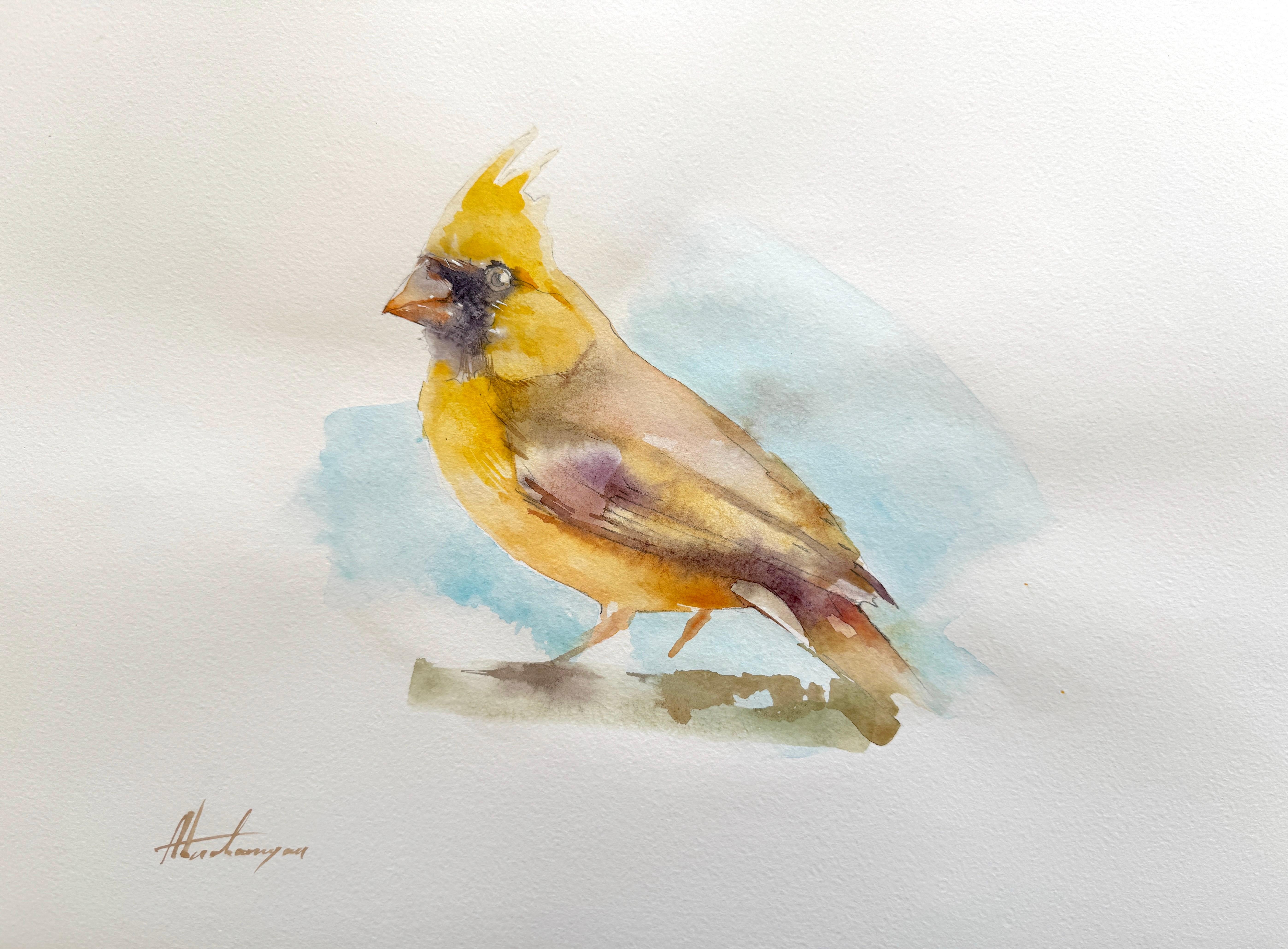 Artyom Abrahamyan Animal Art - Yellow Cardinal Bird Watercolor on Paper Handmade Painting, One of a Kind