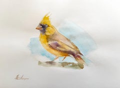 Yellow Cardinal Bird Watercolor on Paper Handmade Painting, One of a Kind