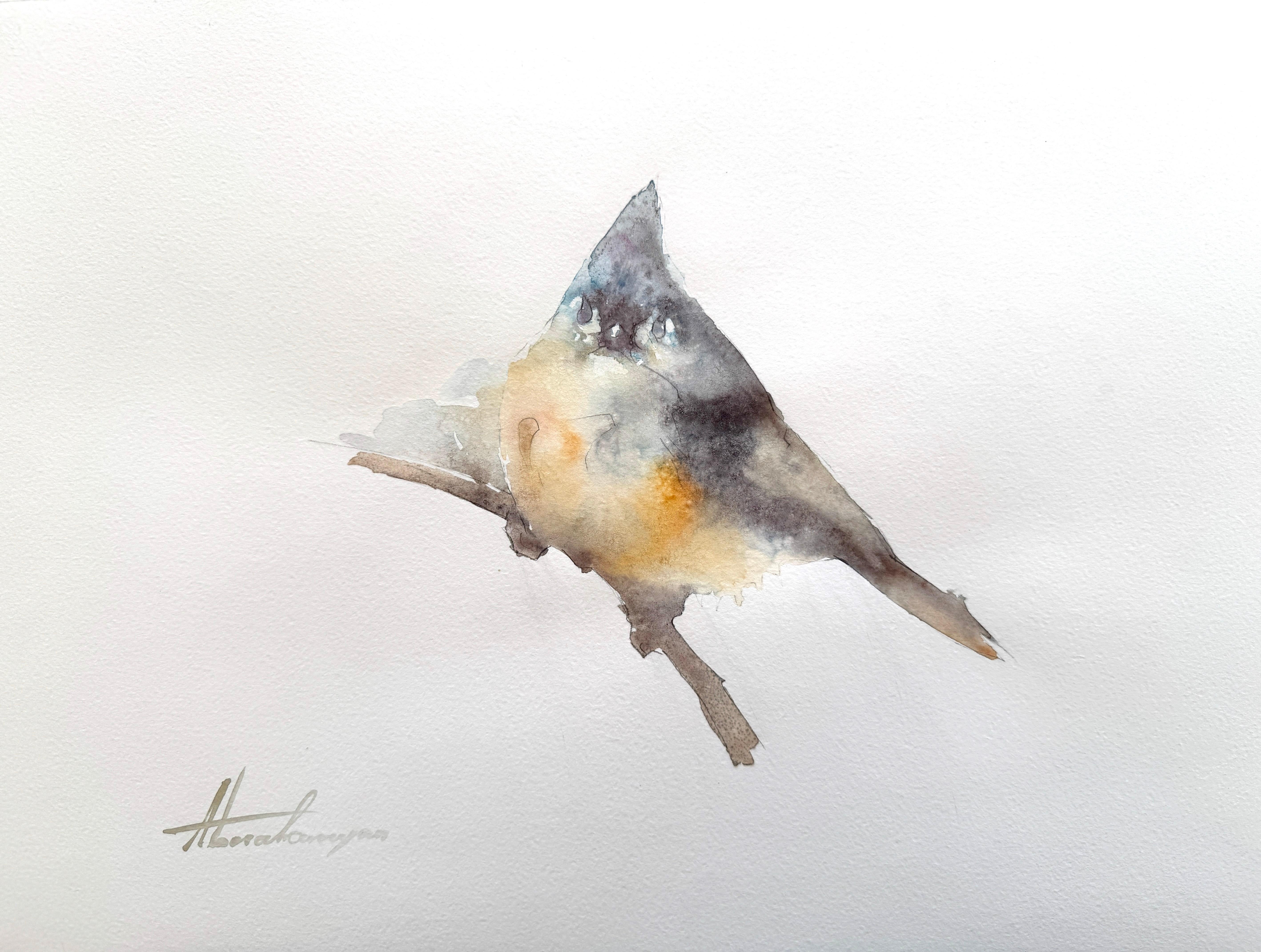 Aquarelle sur papier d'un oiseau de Titmouse touffeté, unique en son genre