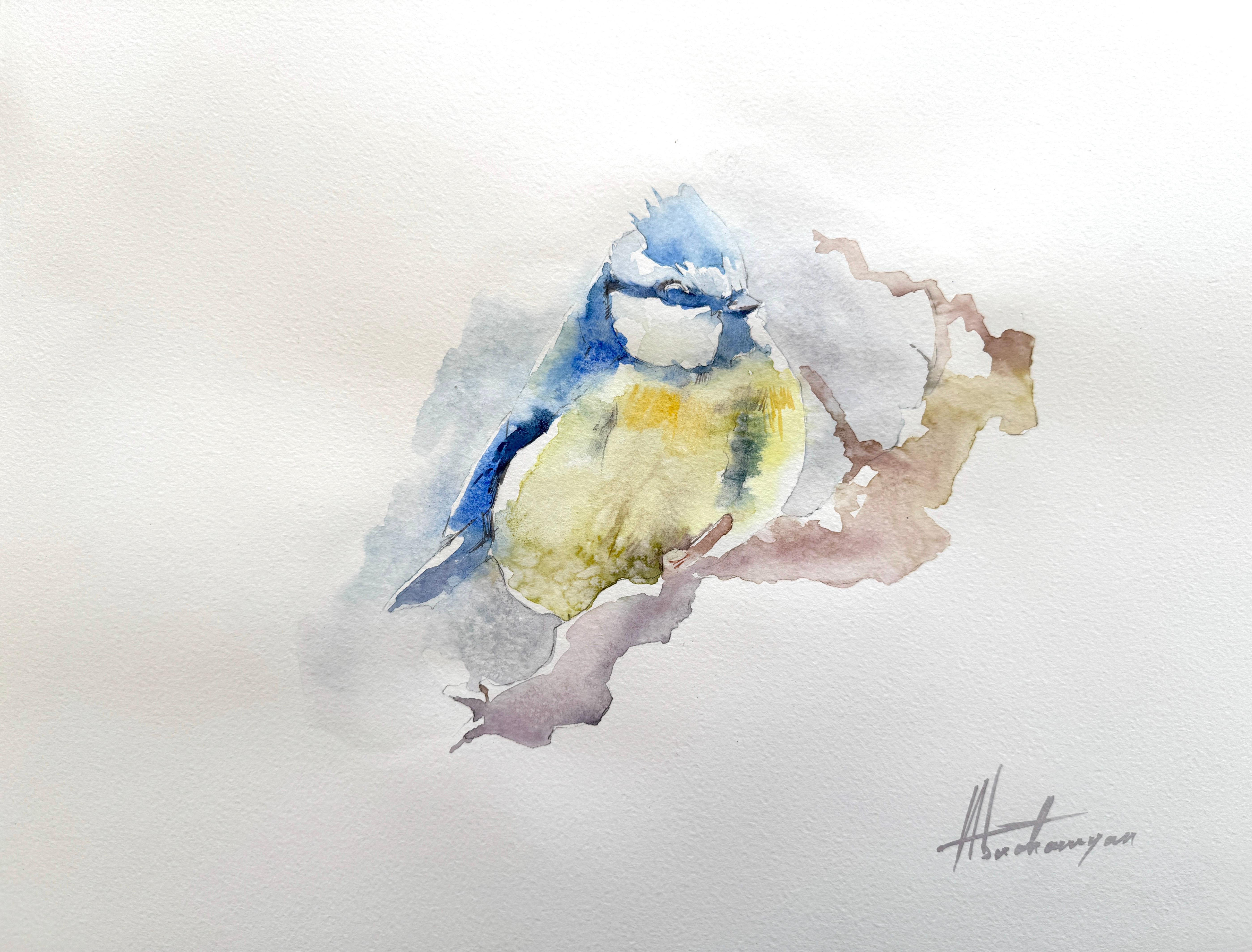 Artyom Abrahamyan Animal Art - Great Tit Bird Watercolor on Paper Handmade Painting, One of a Kind