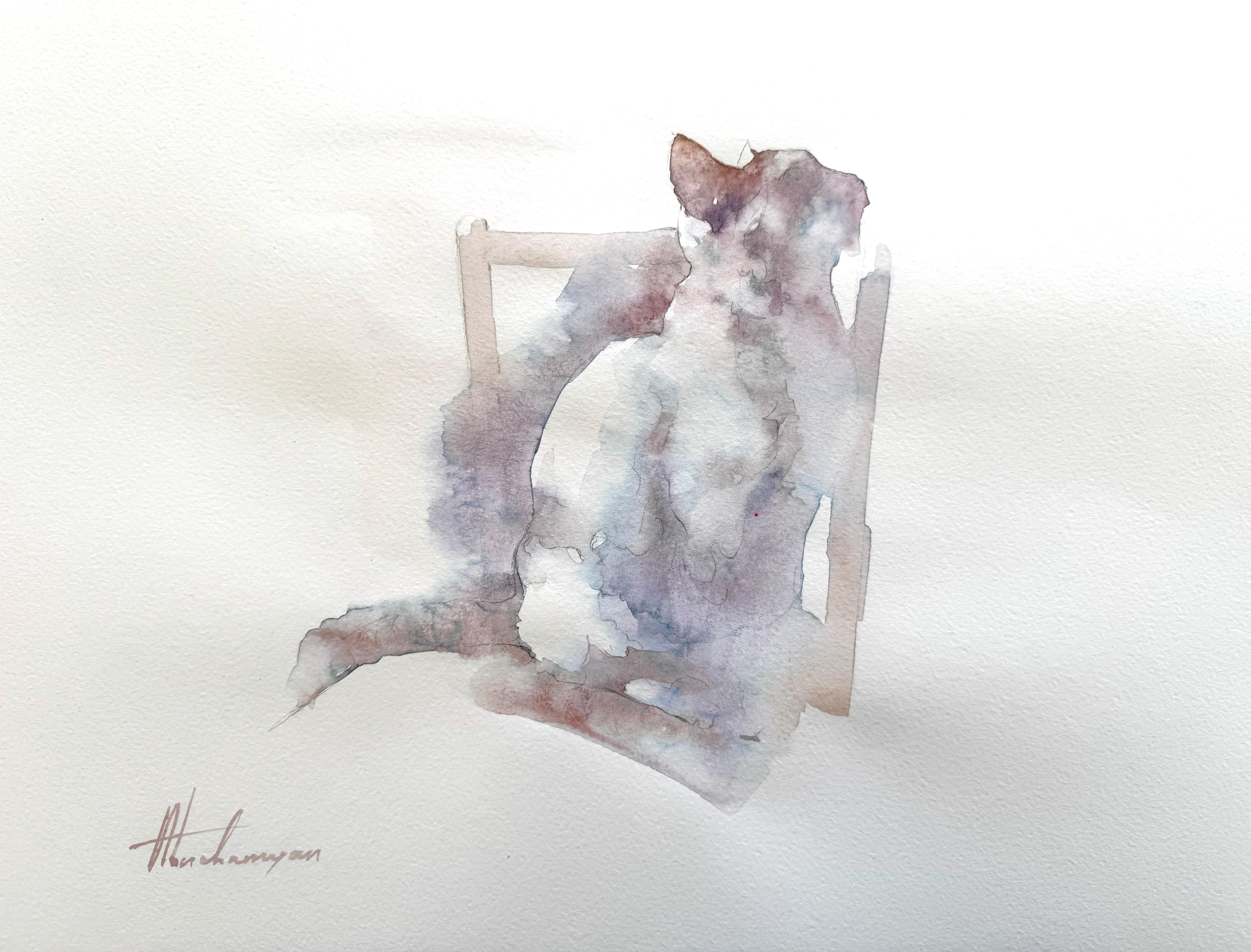 Animal Art de Artyom Abrahamyan - Gato Animal Acuarela sobre Papel Pintura hecha a mano, Única en su especie