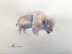 Animale Bisonte Acquerello su carta Dipinto fatto a mano, unico nel suo genere
