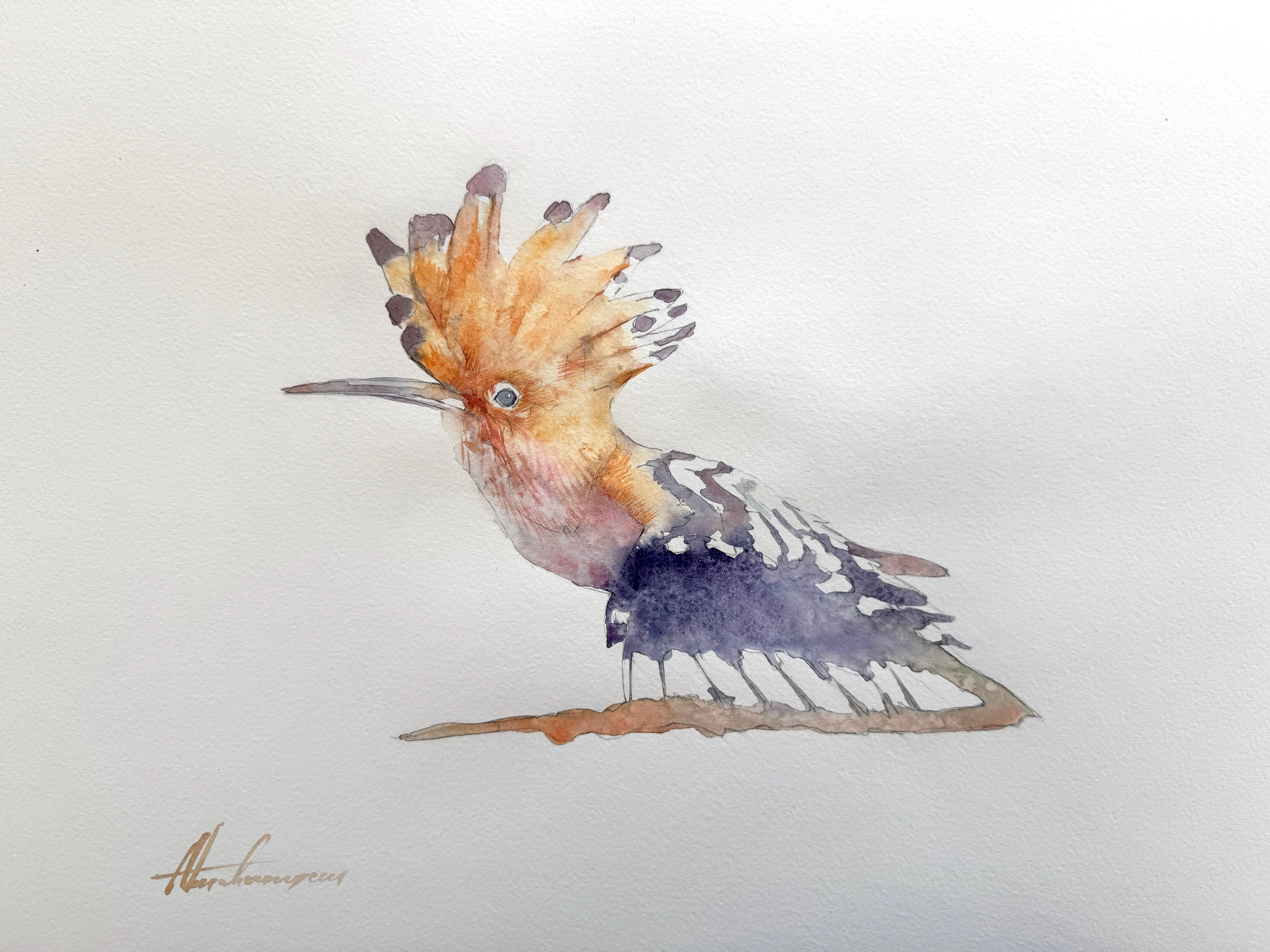 Artyom Abrahamyan Animal Art - Hoopoe Bird Watercolor on Paper Handmade Painting, One of a Kind