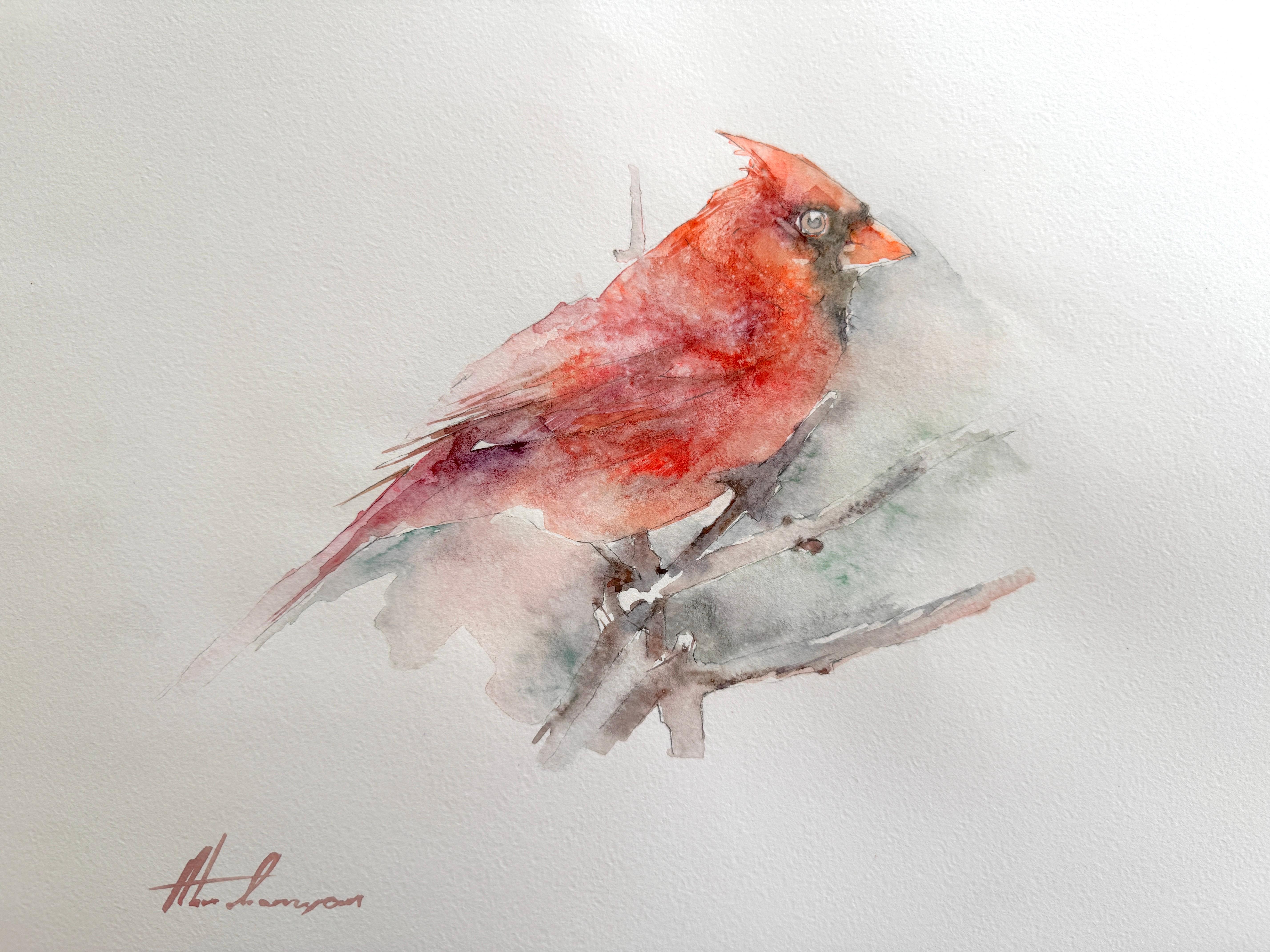 Cardinal Bird Watercolor on Paper Handmade Painting, One of a Kind