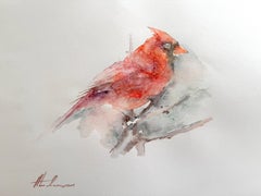 Aquarelle sur papier - Peinture faite à la main - Oiseau Cardinal, unique en son genre