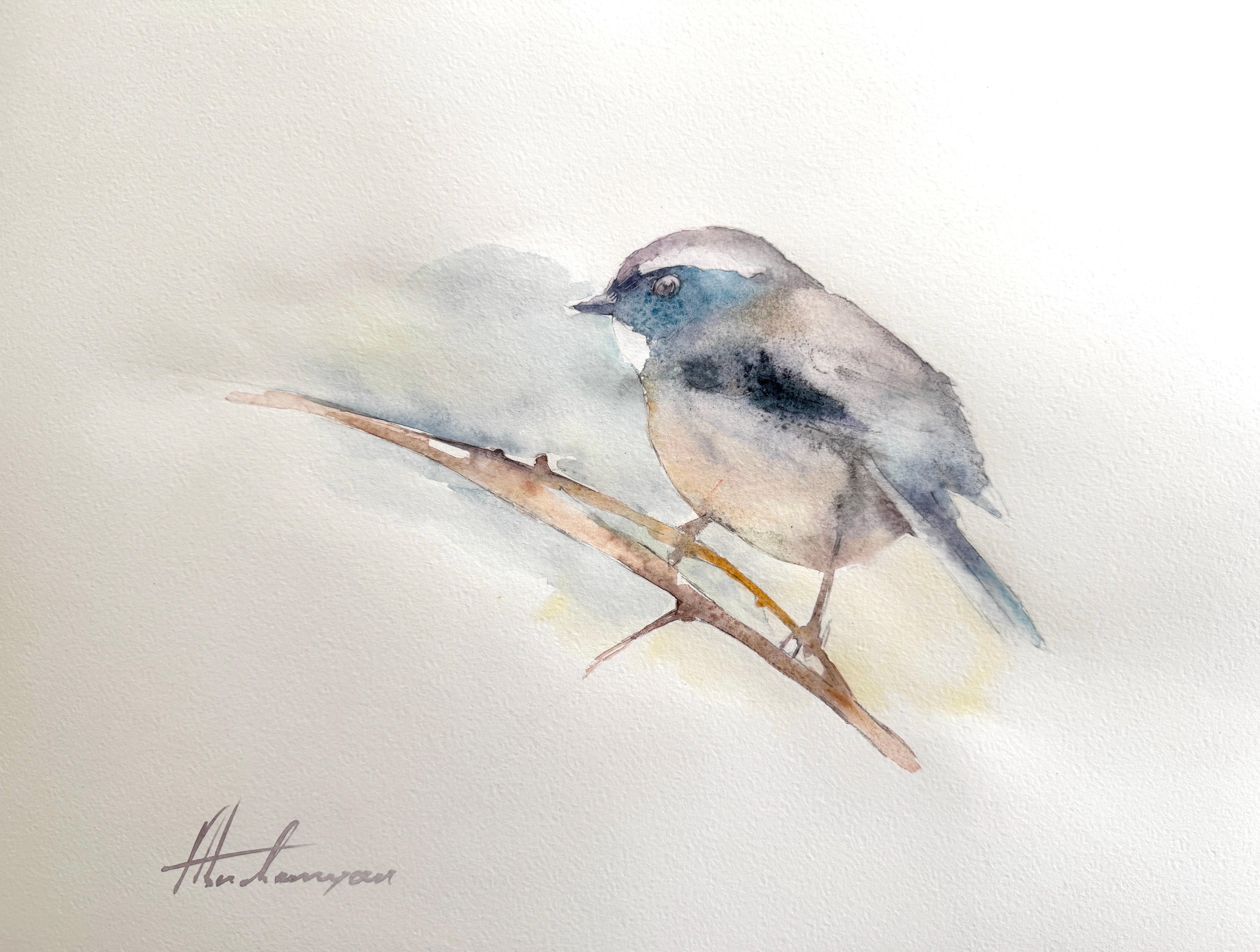 Artyom Abrahamyan Animal Art - Fairy Wren Bird Watercolor on Paper Handmade Painting, One of a Kind
