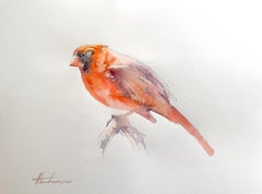 Aquarelle sur papier - Peinture faite à la main - Oiseau Cardinal, unique en son genre