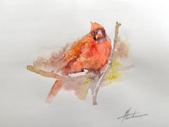 Aquarelle sur papier - Peinture faite à la main - Oiseau Cardinal, unique en son genre
