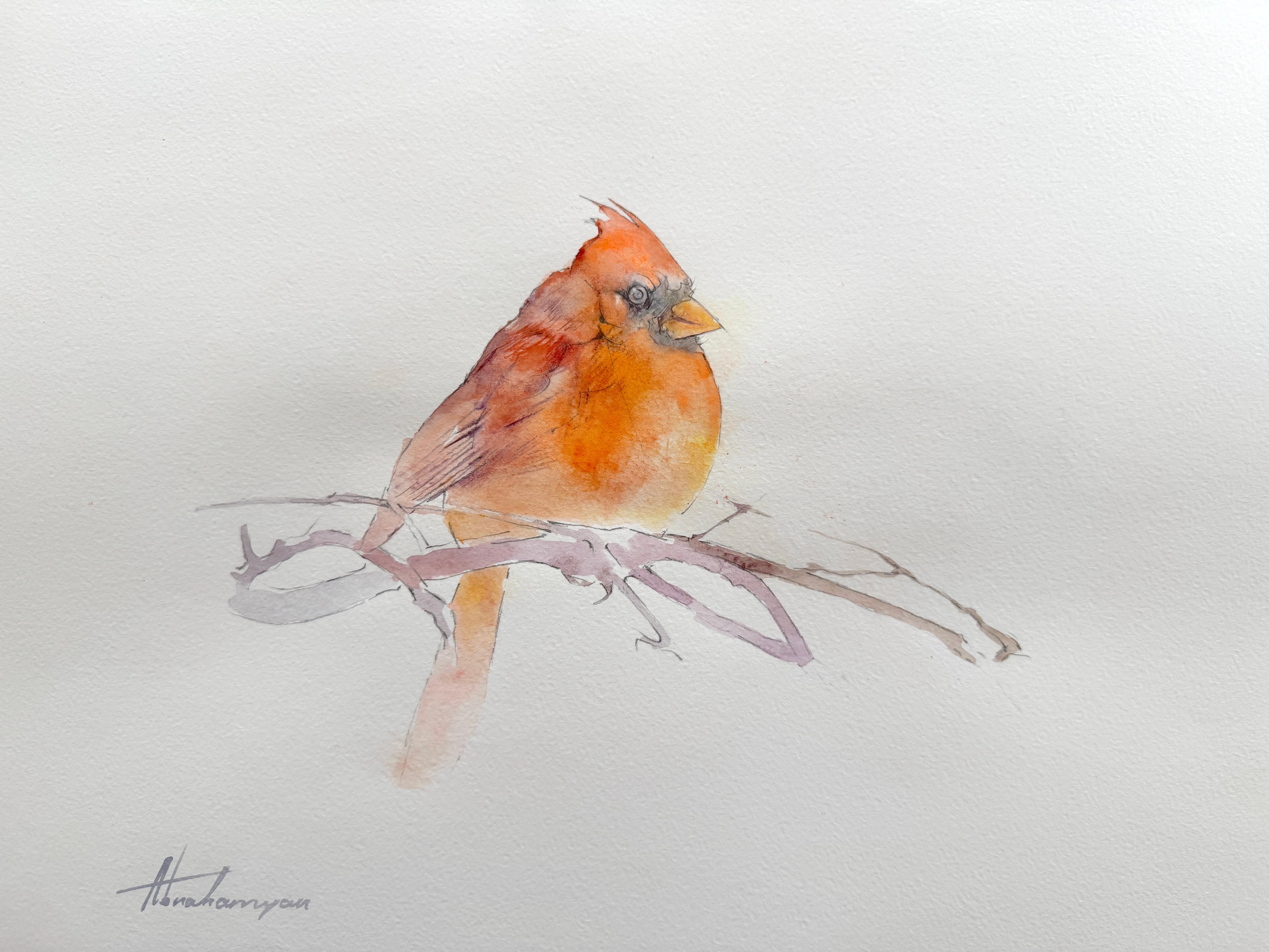 Artyom Abrahamyan Animal Art - Cardinal Bird Watercolor on Paper Handmade Painting, One of a Kind