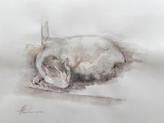 Sleeping Cat Animal Watercolor on Paper Handmade Painting, One of a Kind