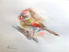 Aquarelle sur papier - Peinture faite à la main - Oiseau Cardinal, unique en son genre