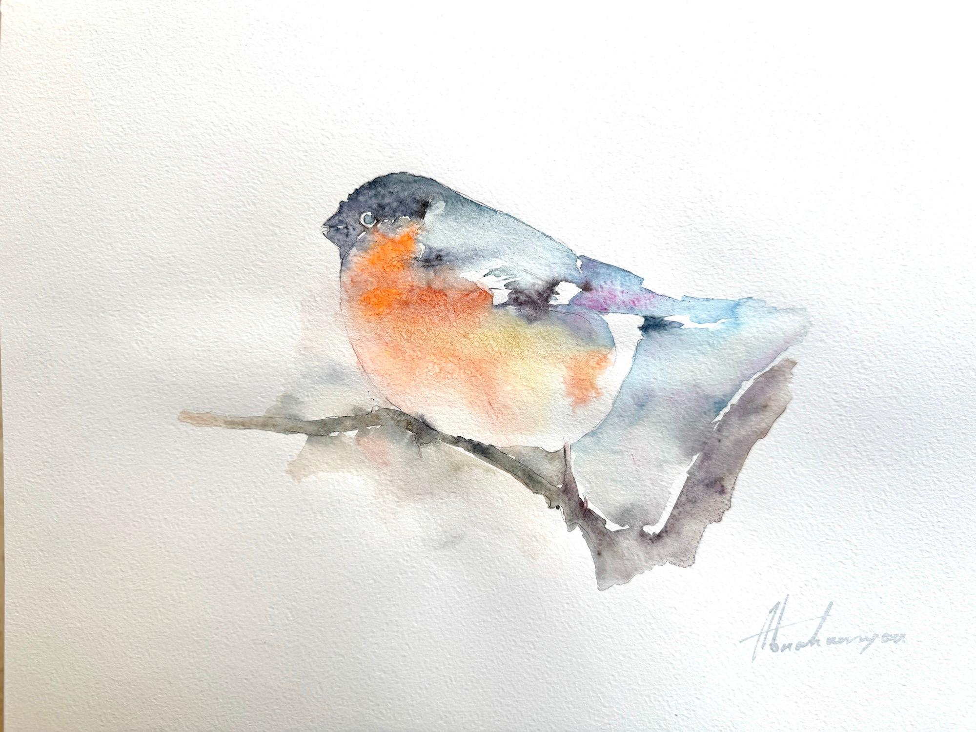 Artyom Abrahamyan Animal Art – Bullfinch-Vogel, Aquarell auf Papier, handgefertigtes Gemälde, einzigartig