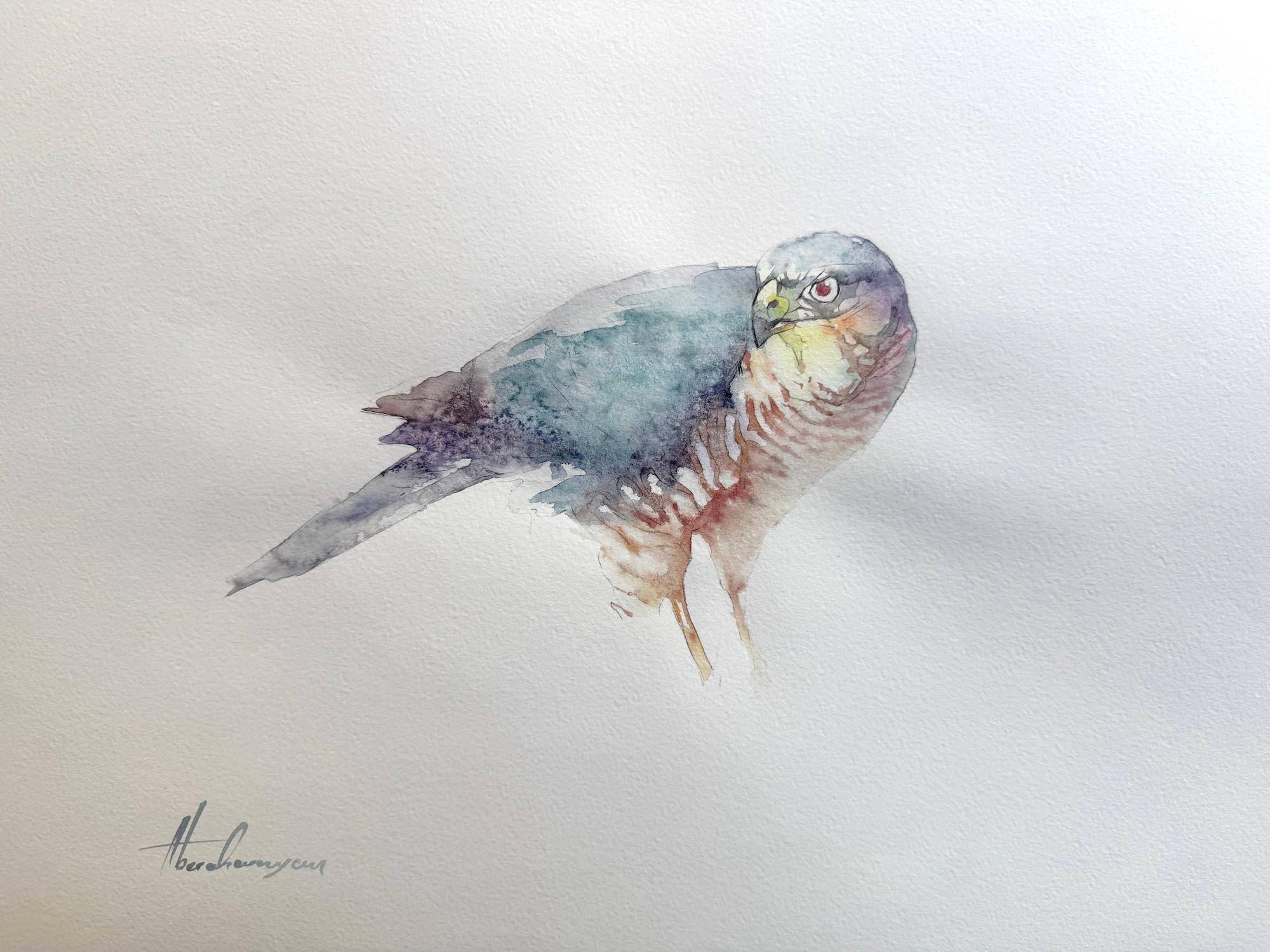 Artyom Abrahamyan Animal Art – Spargelfledermaus-Vogel-Aquarell auf Papier Handgefertigtes Gemälde, Unikat