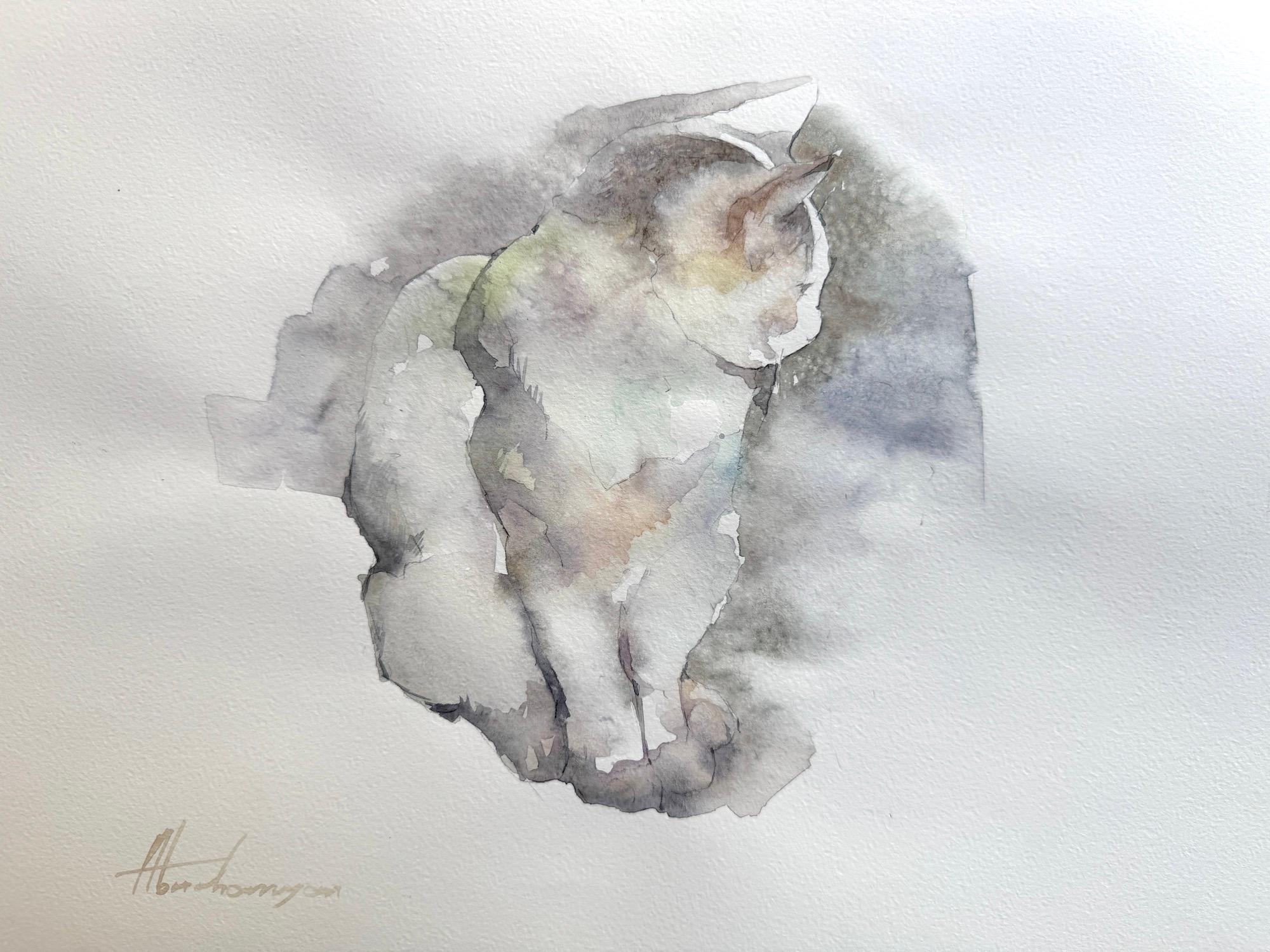 Artyom Abrahamyan Animal Art - Cat Animal Watercolor on Paper Handmade Painting, One of a Kind