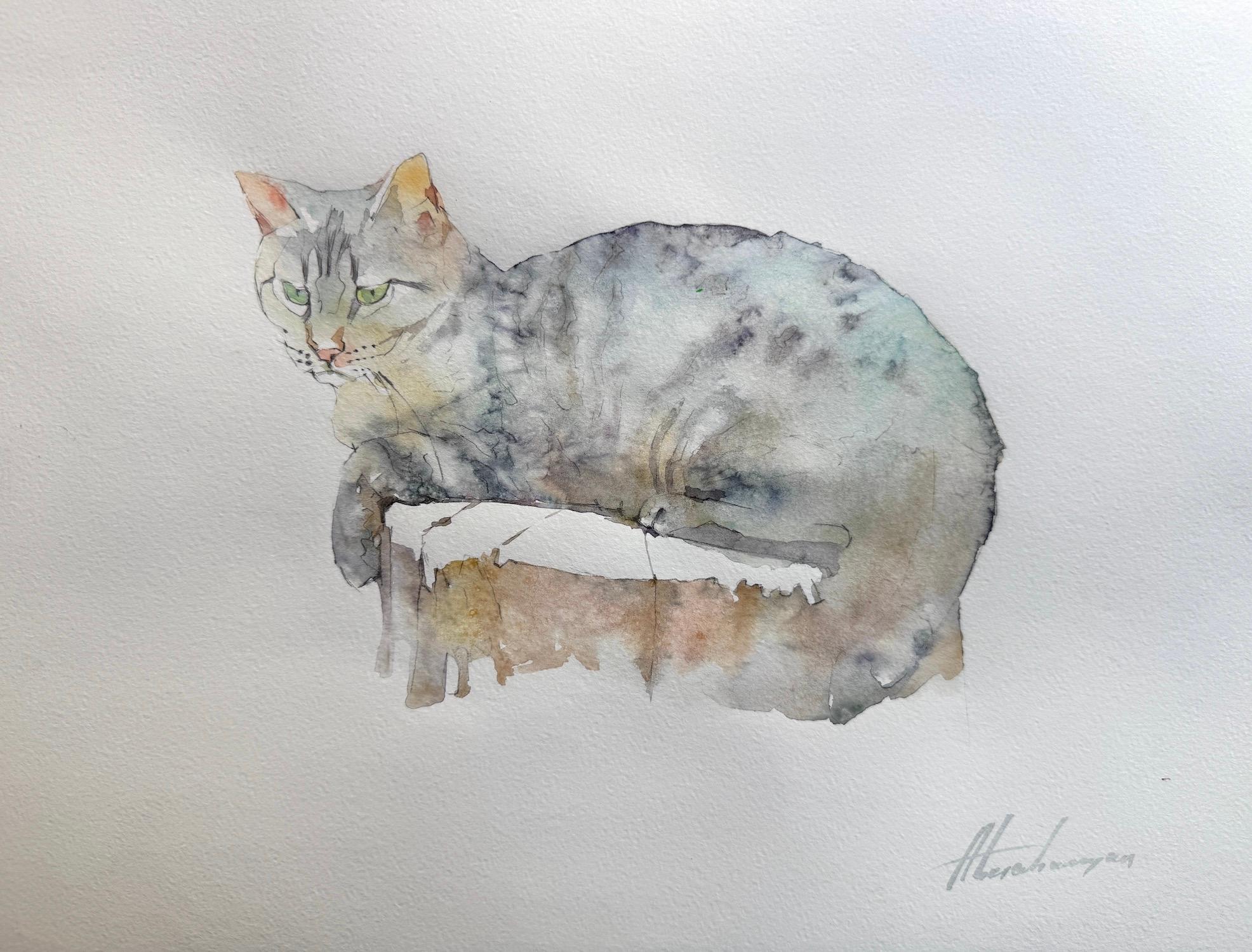 Animal Art Artyom Abrahamyan - Chat Animal Aquarelle sur papier Peinture faite à la main, Unique en son genre
