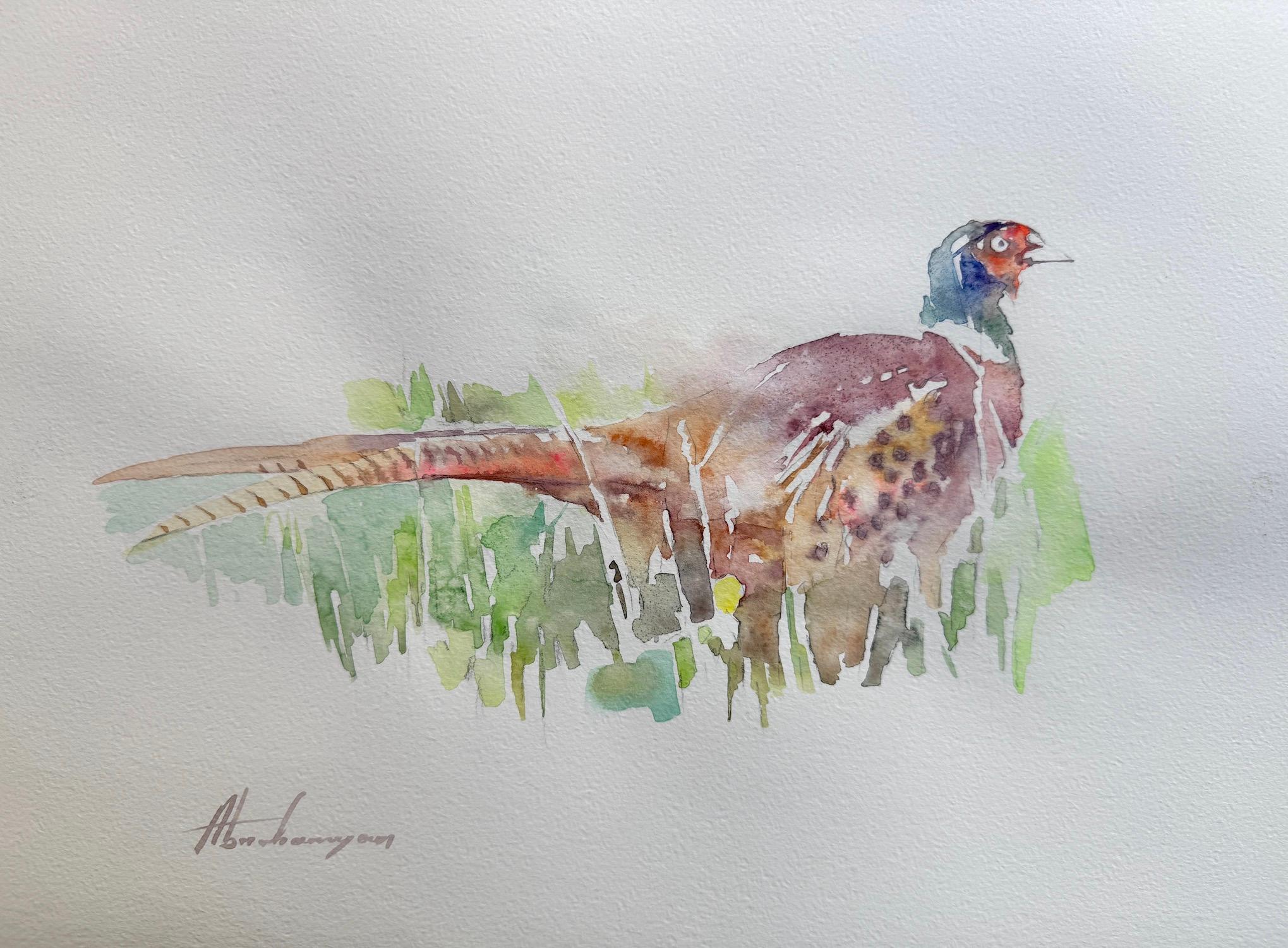 Artyom Abrahamyan Animal Art - Pheasant Bird Watercolor on Paper Handmade Painting, One of a Kind