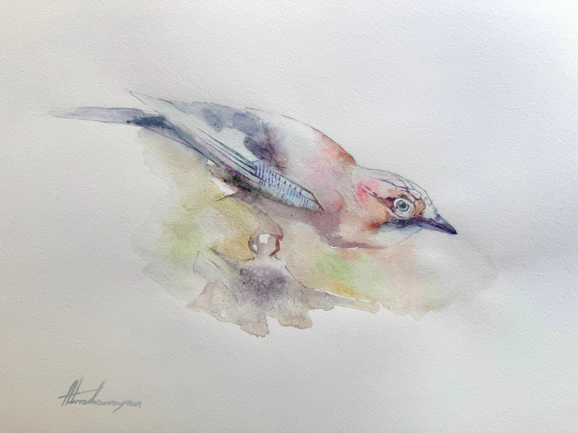 Artyom Abrahamyan Animal Art - Song Sparrow Bird Watercolor on Paper Handmade Painting, One of a Kind