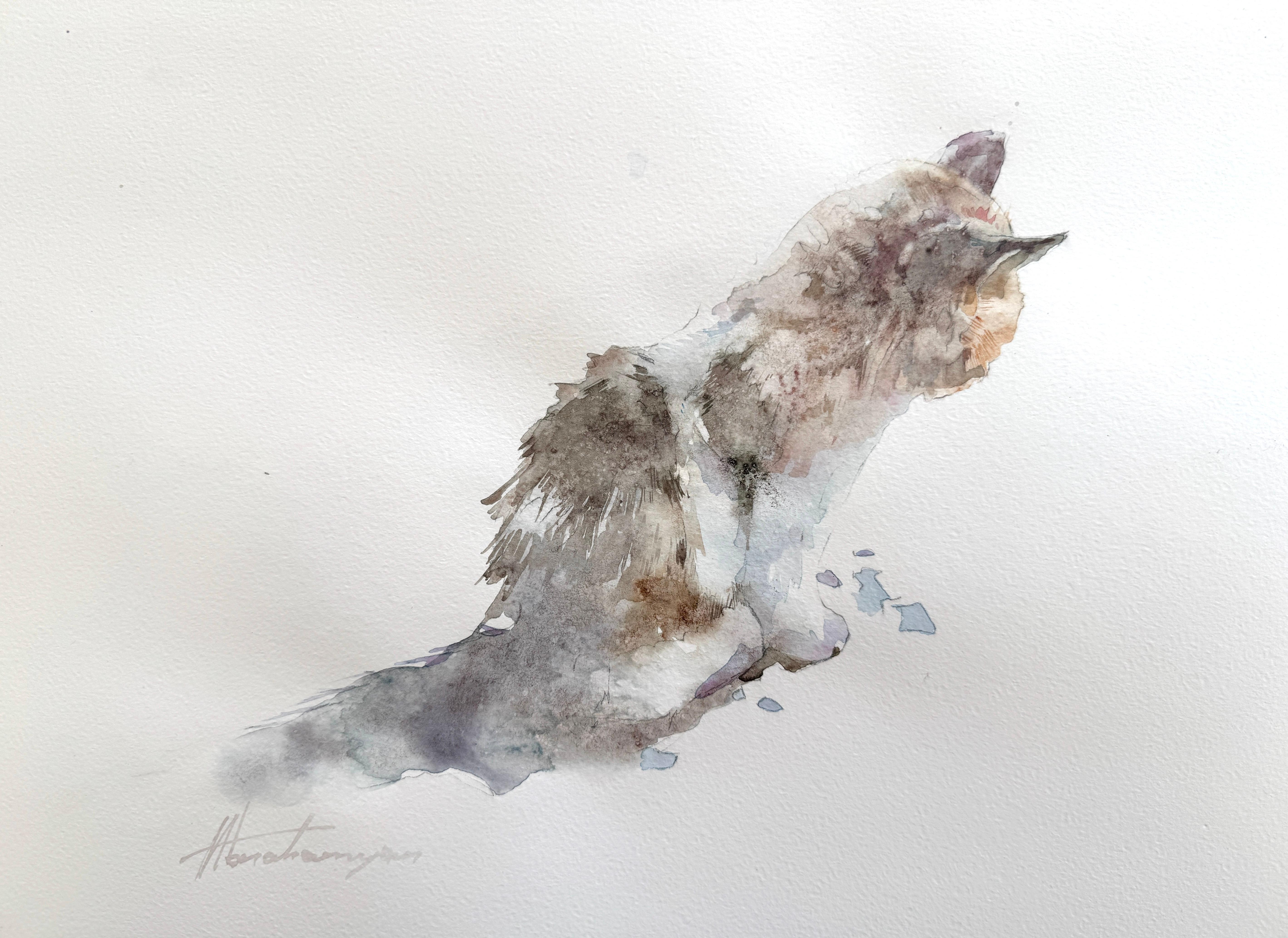 Artyom Abrahamyan Animal Art – Katze Tier Aquarell auf Papier Handgemachte Malerei, One of a Kind