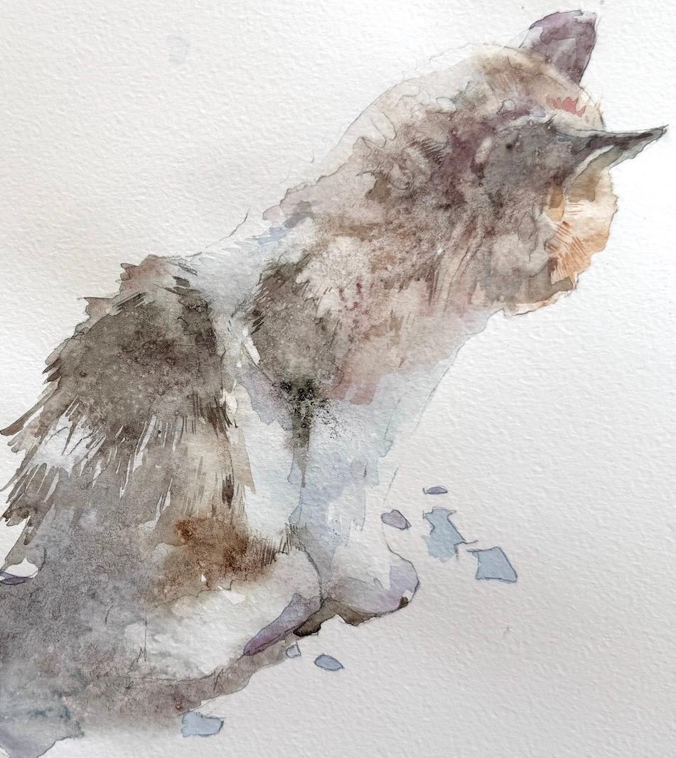 Katze Tier Aquarell auf Papier Handgemachte Malerei, One of a Kind – Art von Artyom Abrahamyan