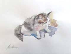 Katze Tier Aquarell auf Papier Handgemachte Malerei, One of a Kind