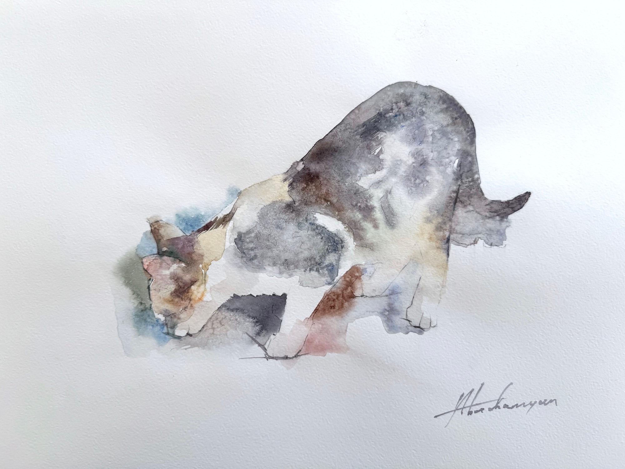 Artyom Abrahamyan Animal Art – Katze Tier Aquarell auf Papier Handgemachte Malerei, One of a Kind
