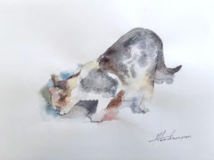 Katze Tier Aquarell auf Papier Handgemachte Malerei, One of a Kind