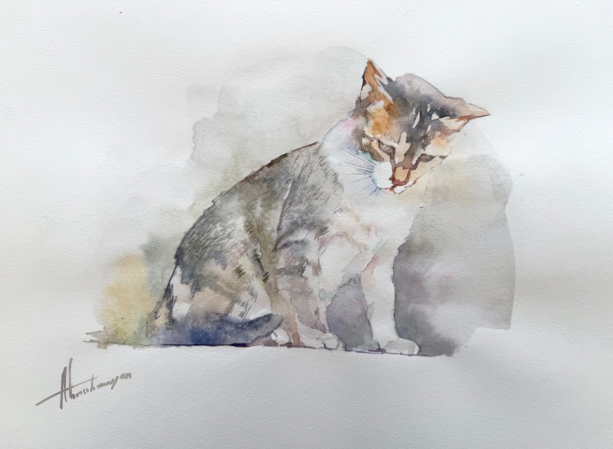 Artyom Abrahamyan Animal Art – Katze Tier Aquarell auf Papier Handgemachte Malerei, One of a Kind