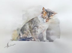 Katze Tier Aquarell auf Papier Handgemachte Malerei, One of a Kind