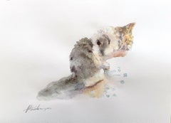 Katze Tier Aquarell auf Papier Handgemachte Malerei, One of a Kind