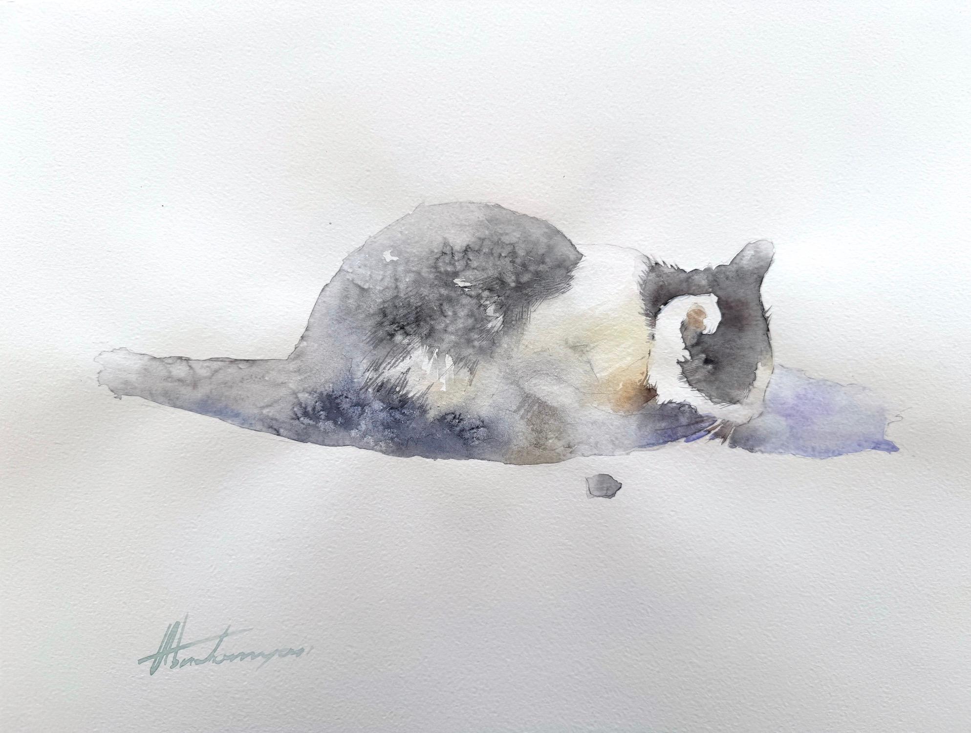 Cat Animal Watercolor on Paper Handmade Painting, One of a Kind