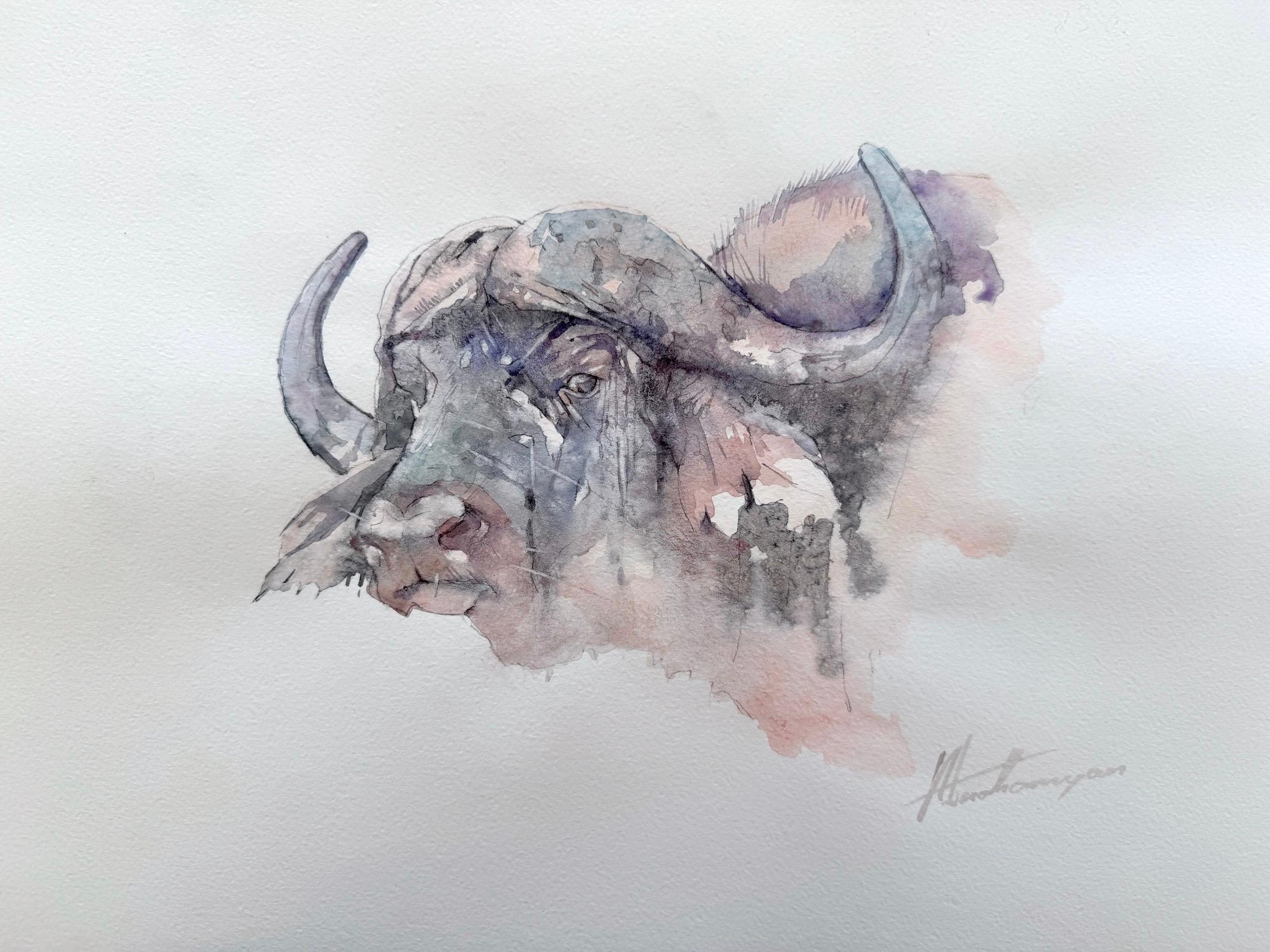 Artyom Abrahamyan Animal Art - Buffalo Animal Watercolor on Paper Handmade Painting, One of a Kind