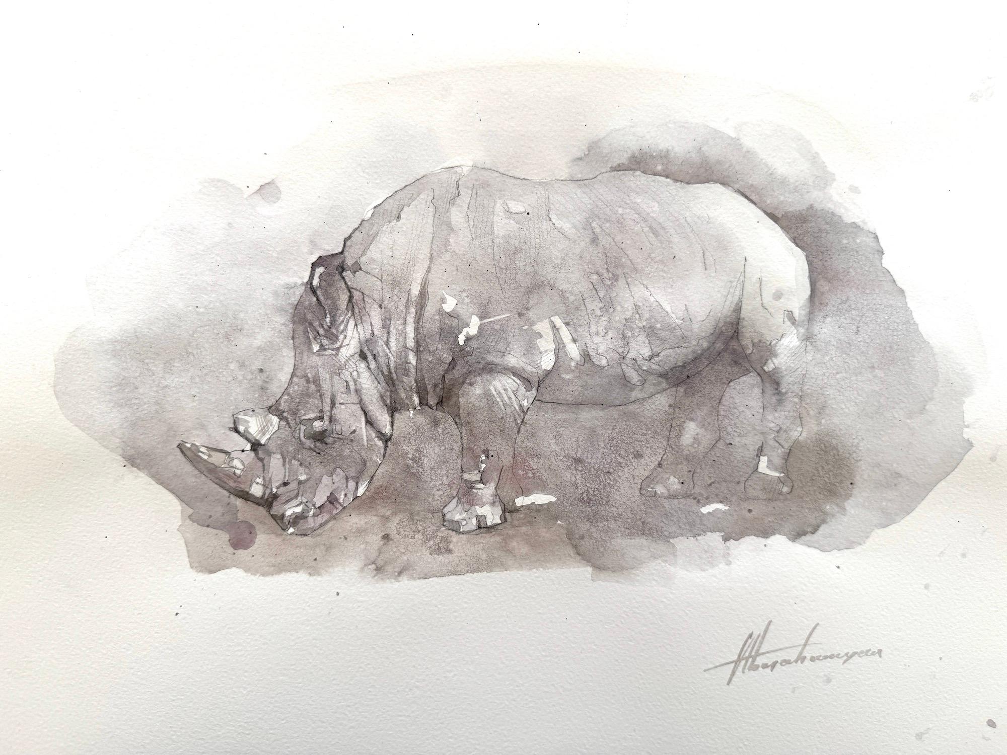 Artyom Abrahamyan Animal Art - Rhino Animal Watercolor on Paper Handmade Painting, One of a Kind