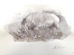 Rhino Animal Watercolor on Paper Handmade Painting, One of a Kind