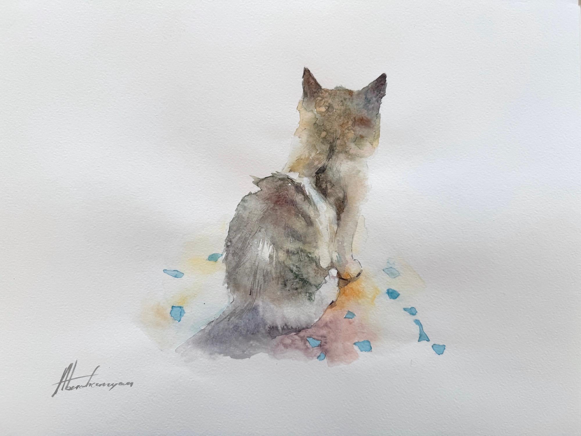 Kitty Animal Watercolor on Paper Handmade Painting, One of a Kind