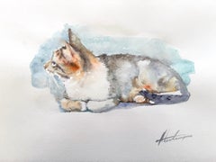 Cat Animal Watercolor on Paper Handmade Painting, One of a Kind